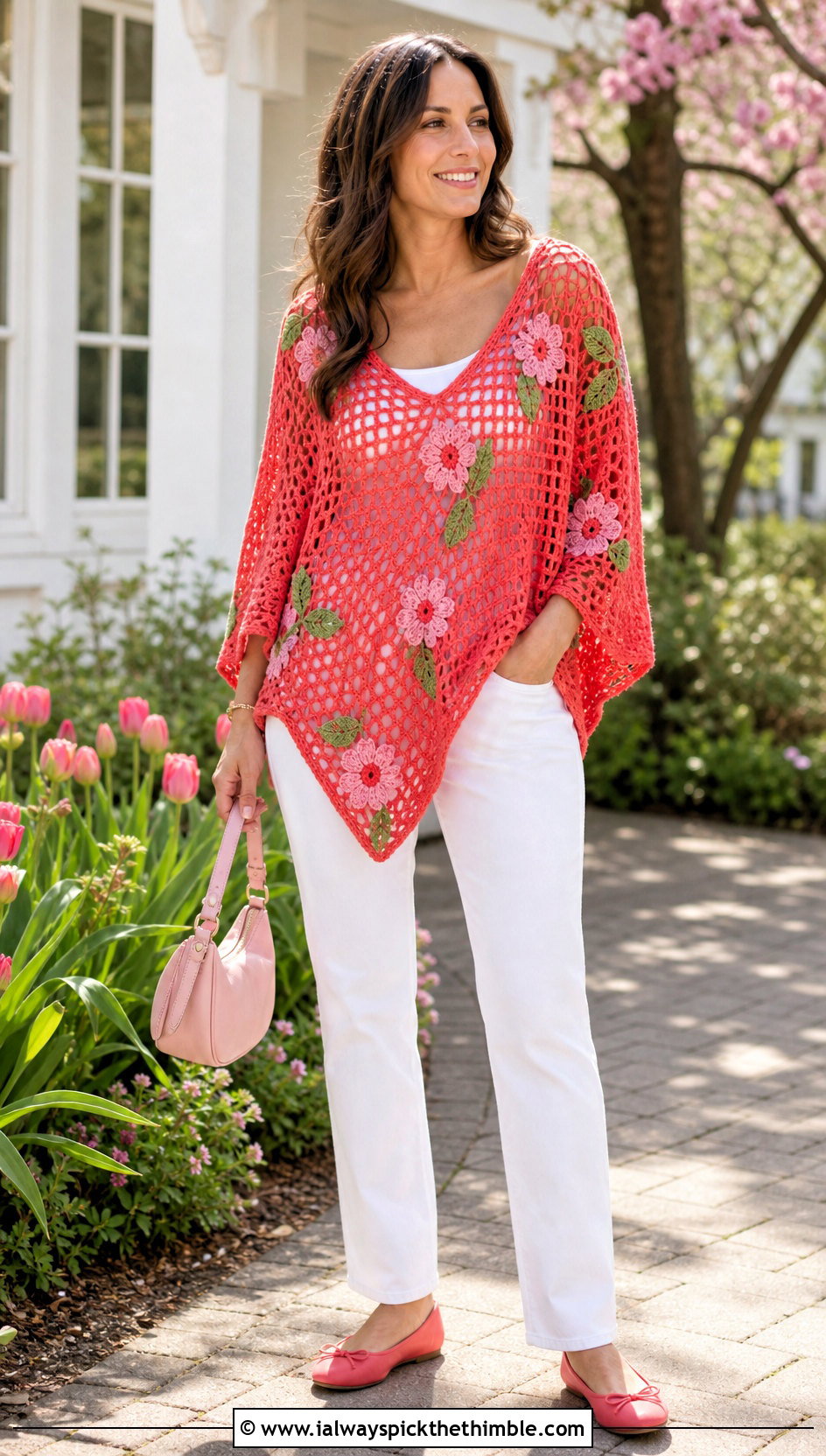 Floral Motif Crochet Poncho With White Jeans - 20 crochet lightweight poncho outfit ideas