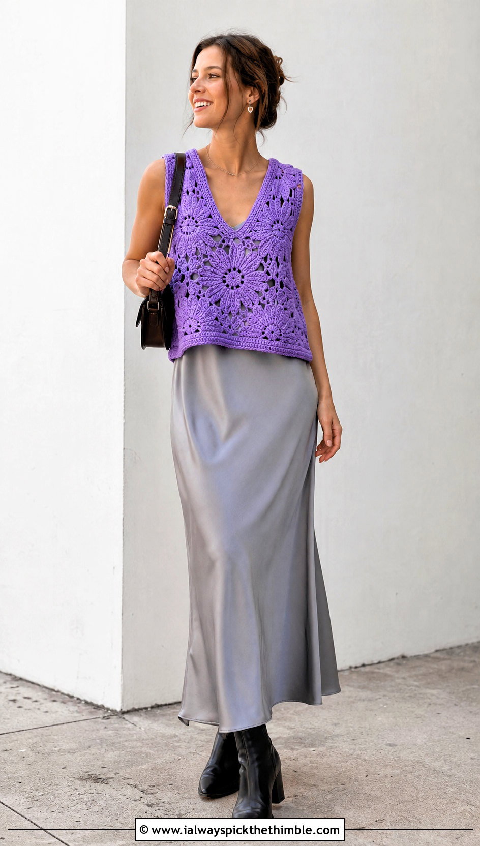 Floral Motif Crochet Pullover Vest Over A Slip Dress - 15 crochet pullover vest outfit ideas