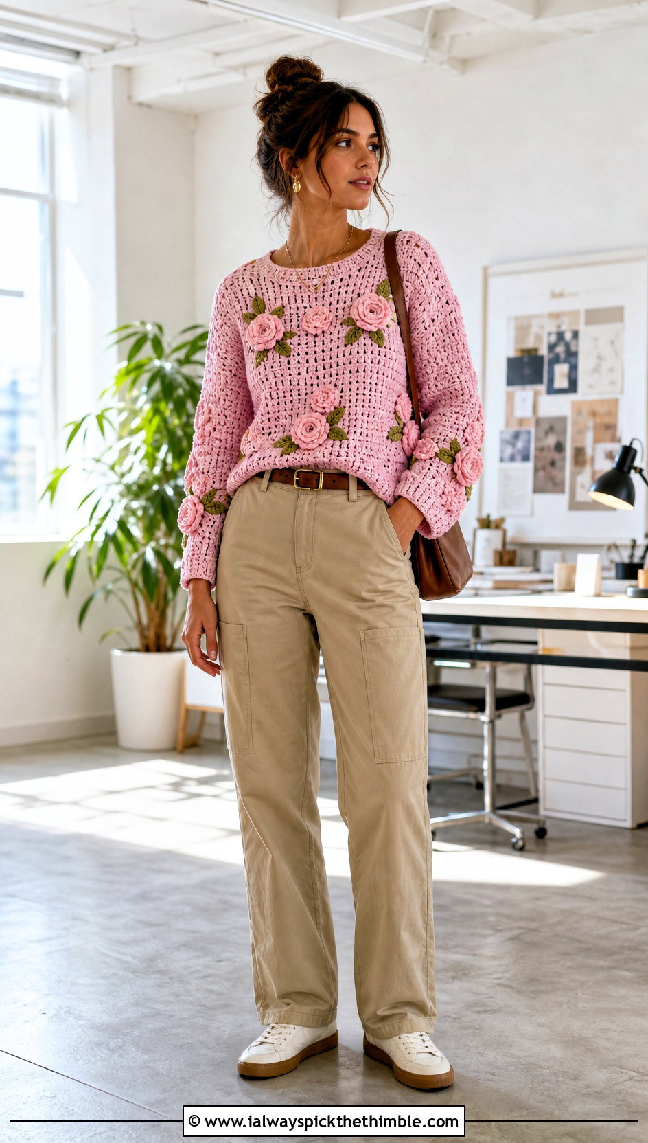 Floral Motif Crochet Pullover With Khaki Pants - 25 crochet pullover outfit ideas