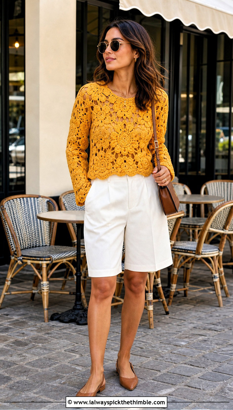 Floral Motif Crochet Pullover With Tailored Bermuda Shorts - 20 women crochet pullover outfit ideas