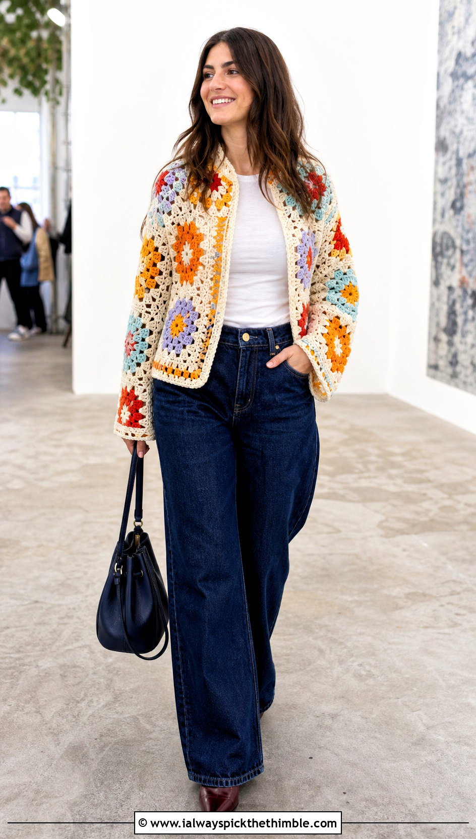 Floral Motif Crochet Raglan Jacket With Wide Leg Jeans - 15 crochet raglan jacket outfit ideas