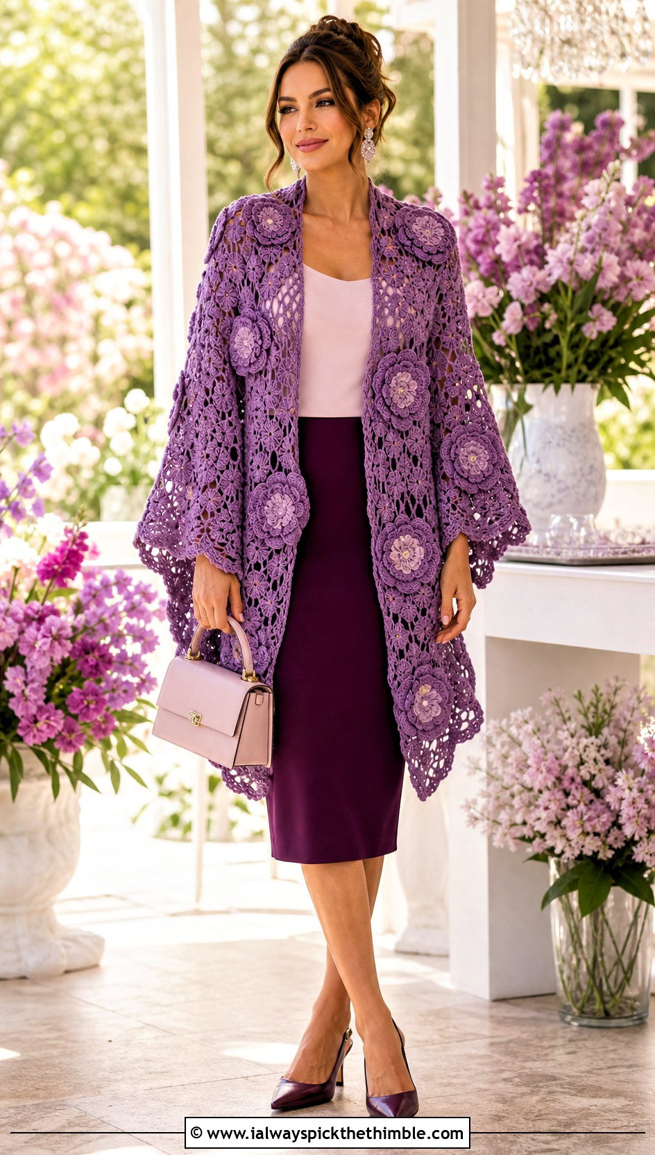 Floral Motif Crochet Ruana With Pencil Skirt - 25 crochet ruana outfit ideas