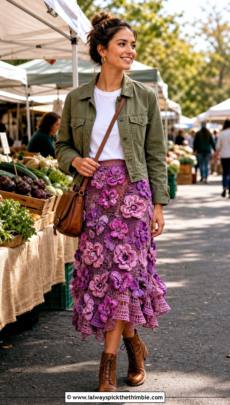 Floral Motif Crochet Ruffle Skirt With Utility Jacket - 25 crochet ruffle skirt outfit ideas