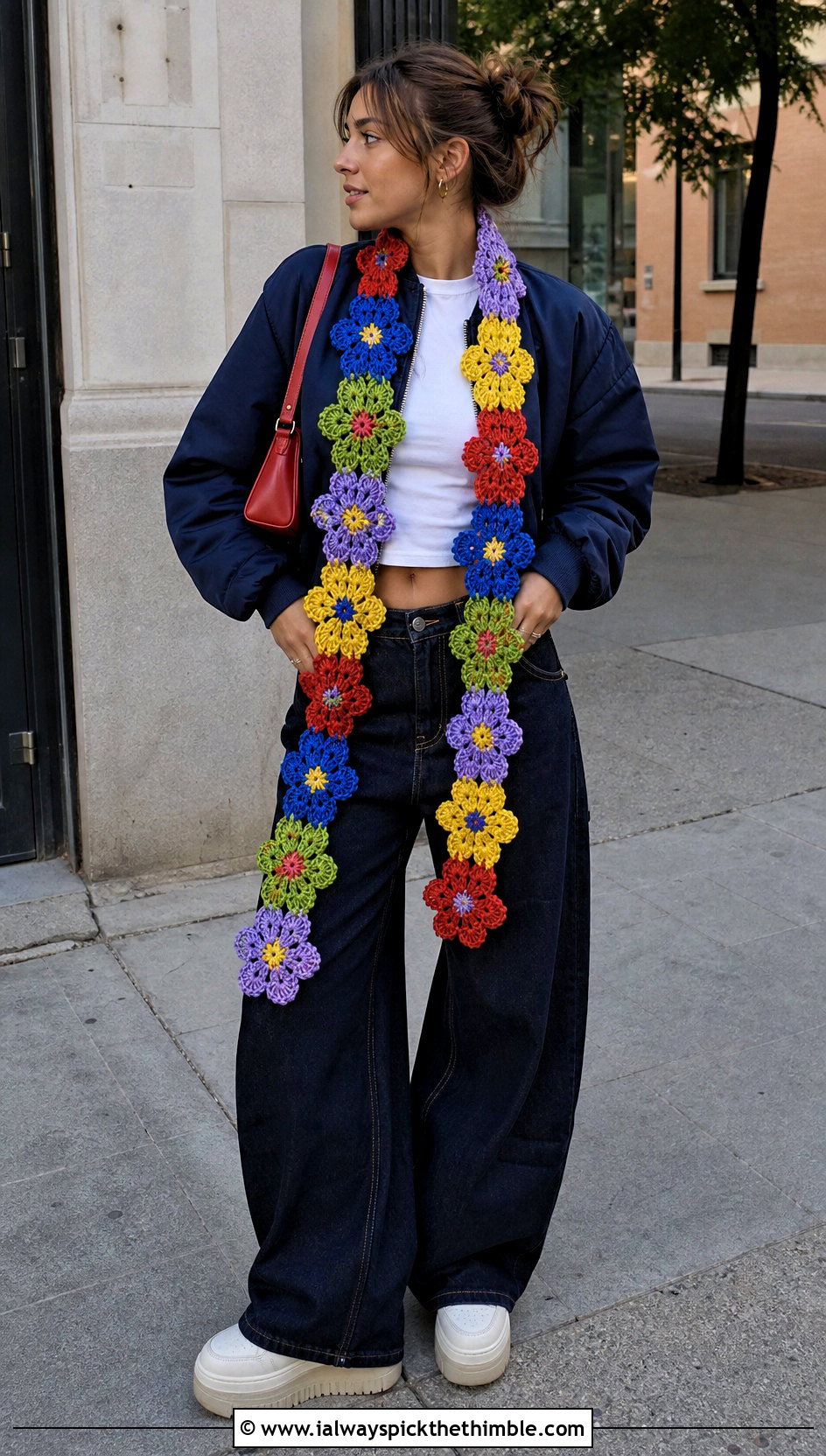 Floral Motif Crochet Scarf With Bomber Jacket - 20 multi colored crochet scarf outfit ideas