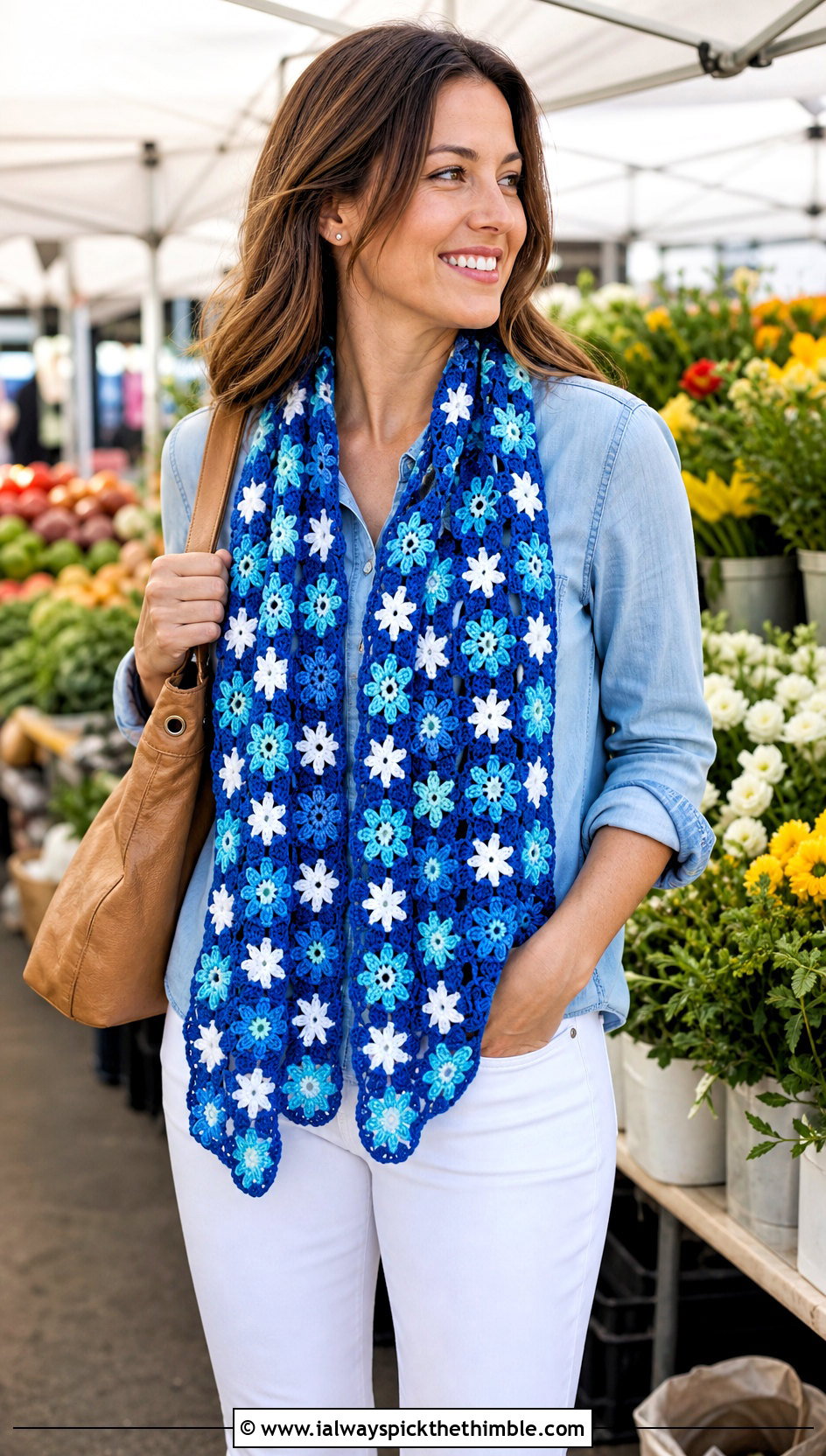 Floral Motif Crochet Scarf With Chambray Shirt And White Jeans - 15 Light Weight Crochet Scarf outfit ideas