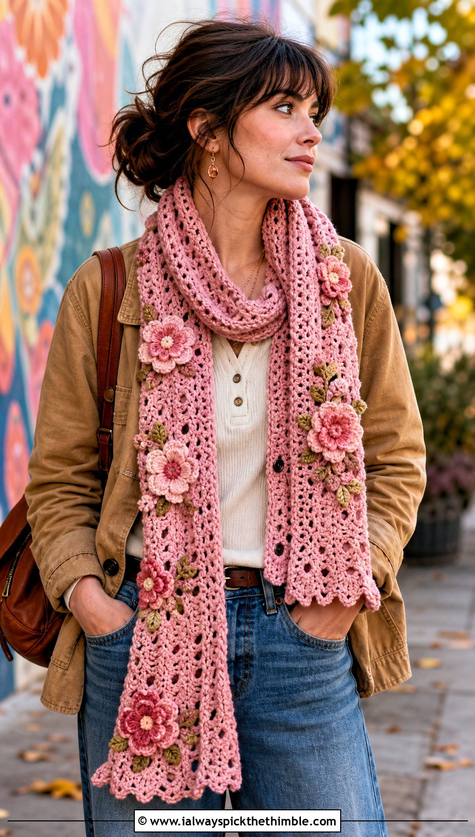 Floral Motif Crochet Scarf With Chore Jacket - 20 autumn crochet scarf outfit ideas