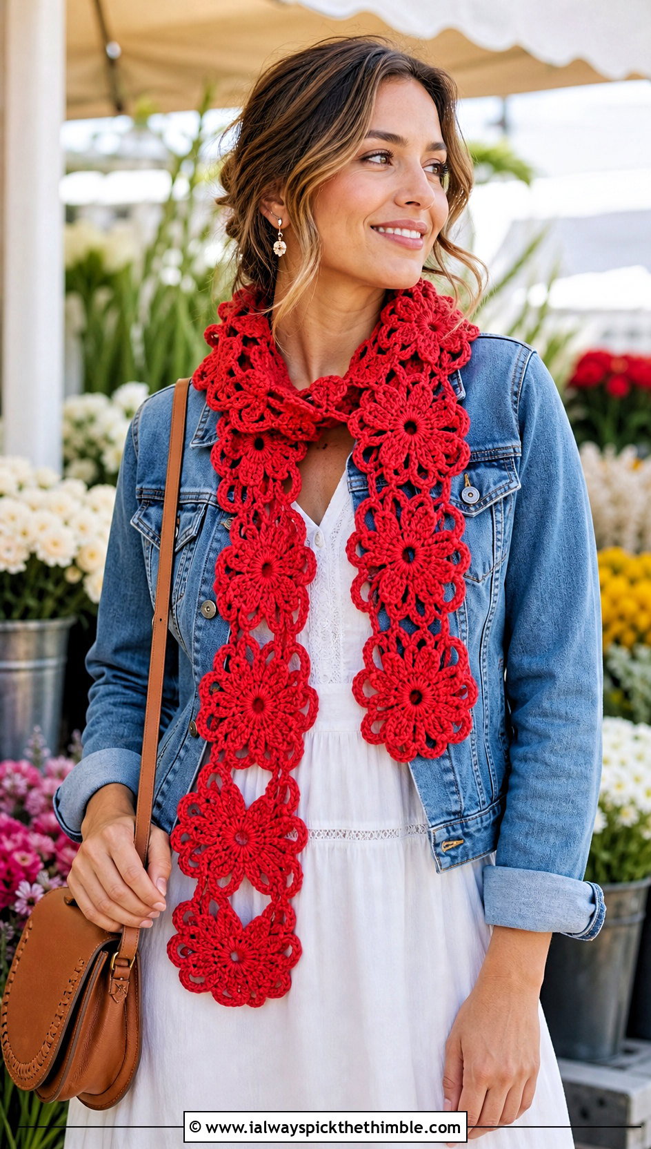 Floral Motif Crochet Scarf With Denim Jacket And White Dress - 20 Elegant Crochet Scarf outfit ideas