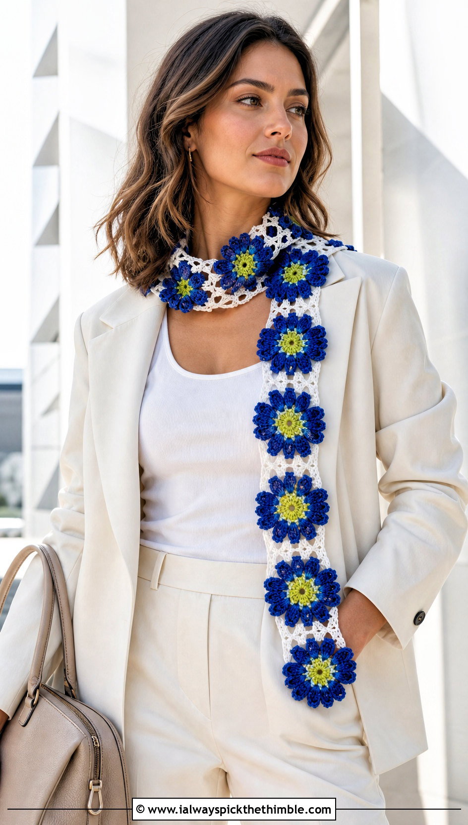 Floral Motif Crochet Scarf With Monochrome Suit - 25 small crochet scarf outfit ideas