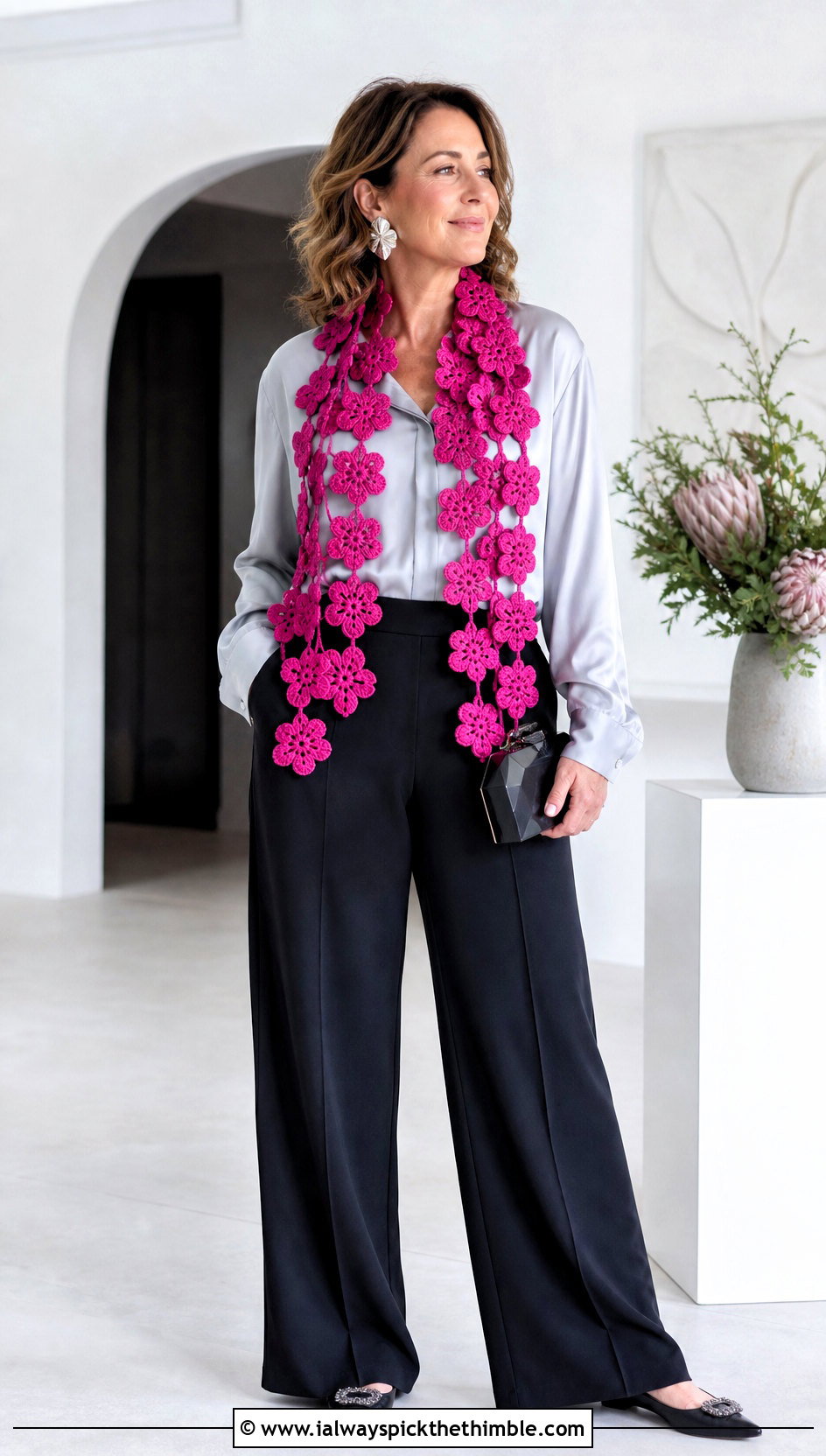 Floral Motif Crochet Scarf With Satin Blouse And Trousers - 15 Textured Crochet Scarf Design outfit ideas