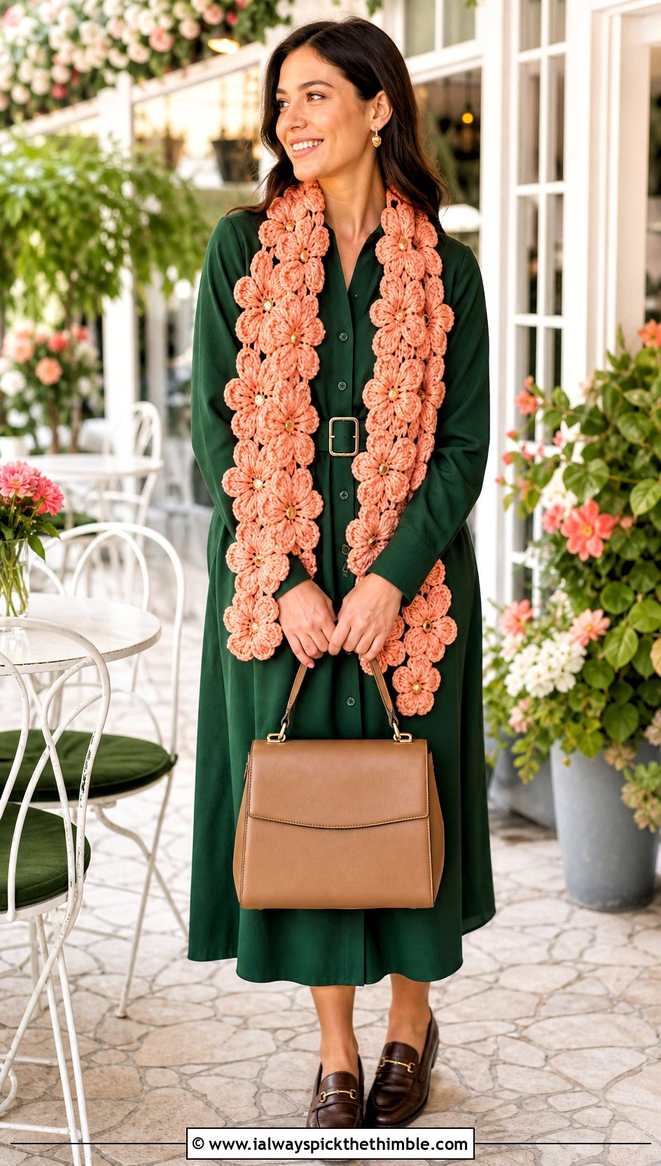 Floral Motif Crochet Scarf With Shirt Dress - 25 crochet scarf outfit ideas