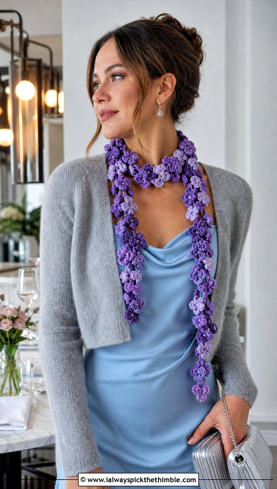 Floral Motif Crochet Scarf With Slip Dress - 15 Dainty Crochet Scarf outfit ideas
