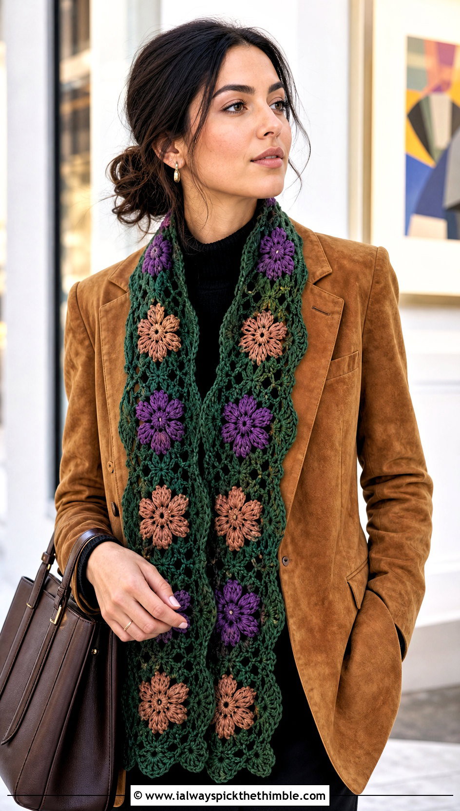 Floral Motif Crochet Scarf With Suede Blazer - 25 Winter Crochet Scarfs For Women outfit ideas