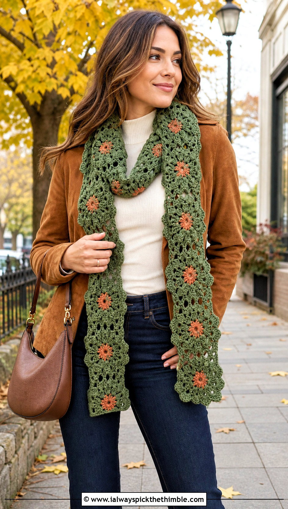 Floral Motif Crochet Scarf With Suede Jacket and Jeans - 25 fall crochet scarf outfit ideas