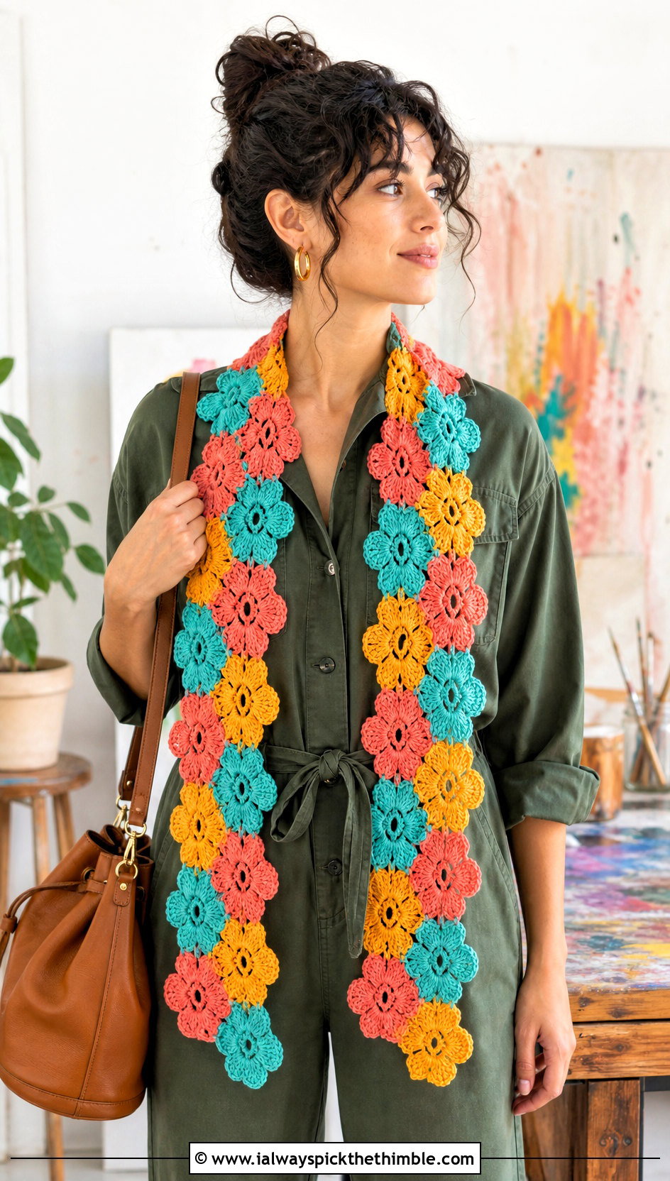 Floral Motif Crochet Scarf With Utility Jumpsuit - 20 pretty crochet scarf outfit ideas