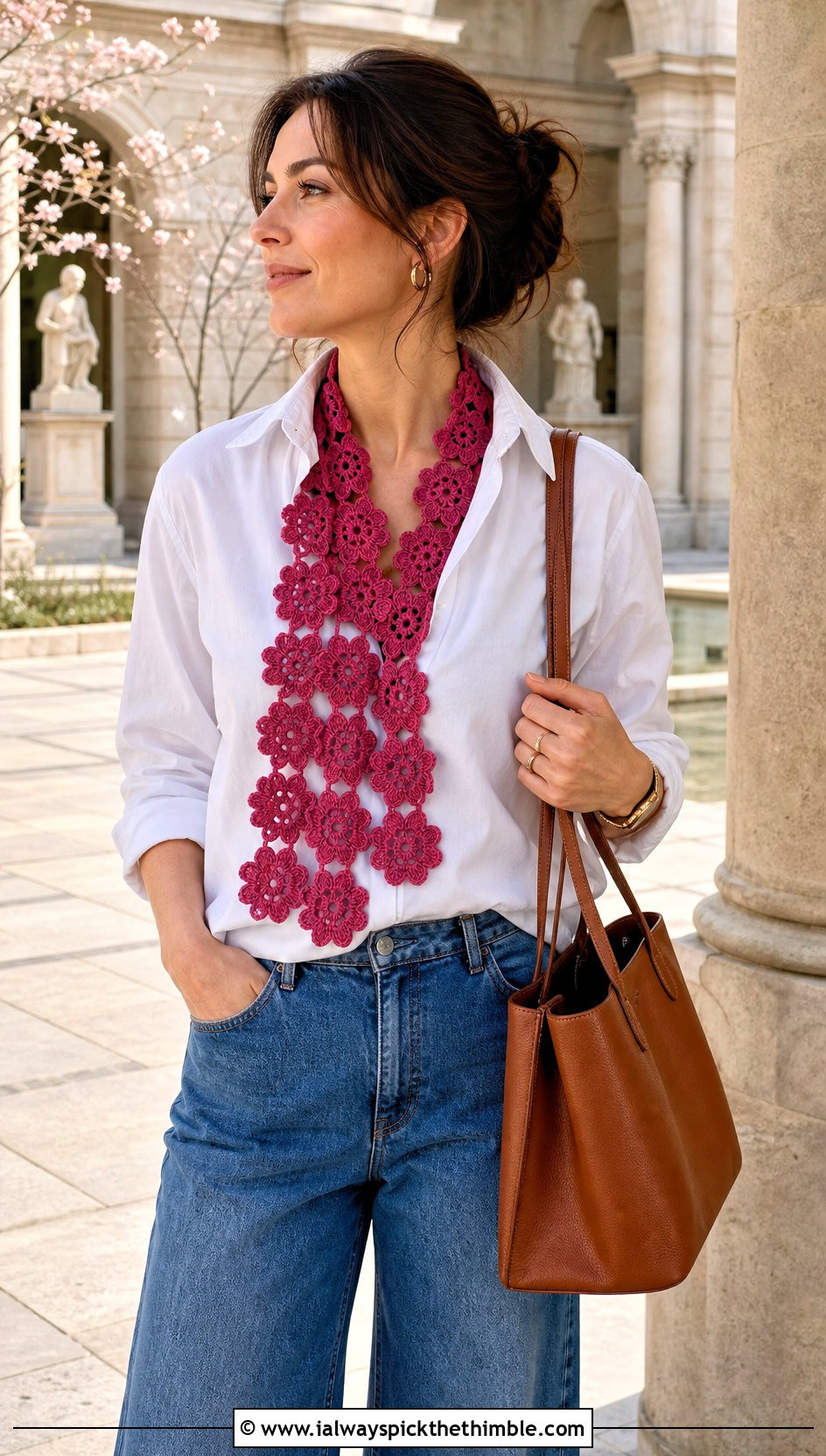Floral Motif Crochet Scarf With White Shirt - 25 simple crochet scarf outfit ideas