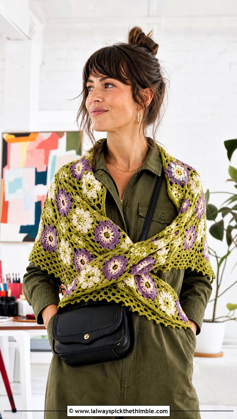 Floral Motif Crochet Semi Circle Shawl With Utility Jumpsuit - 20 Crochet Semi Circle Shawl outfit ideas