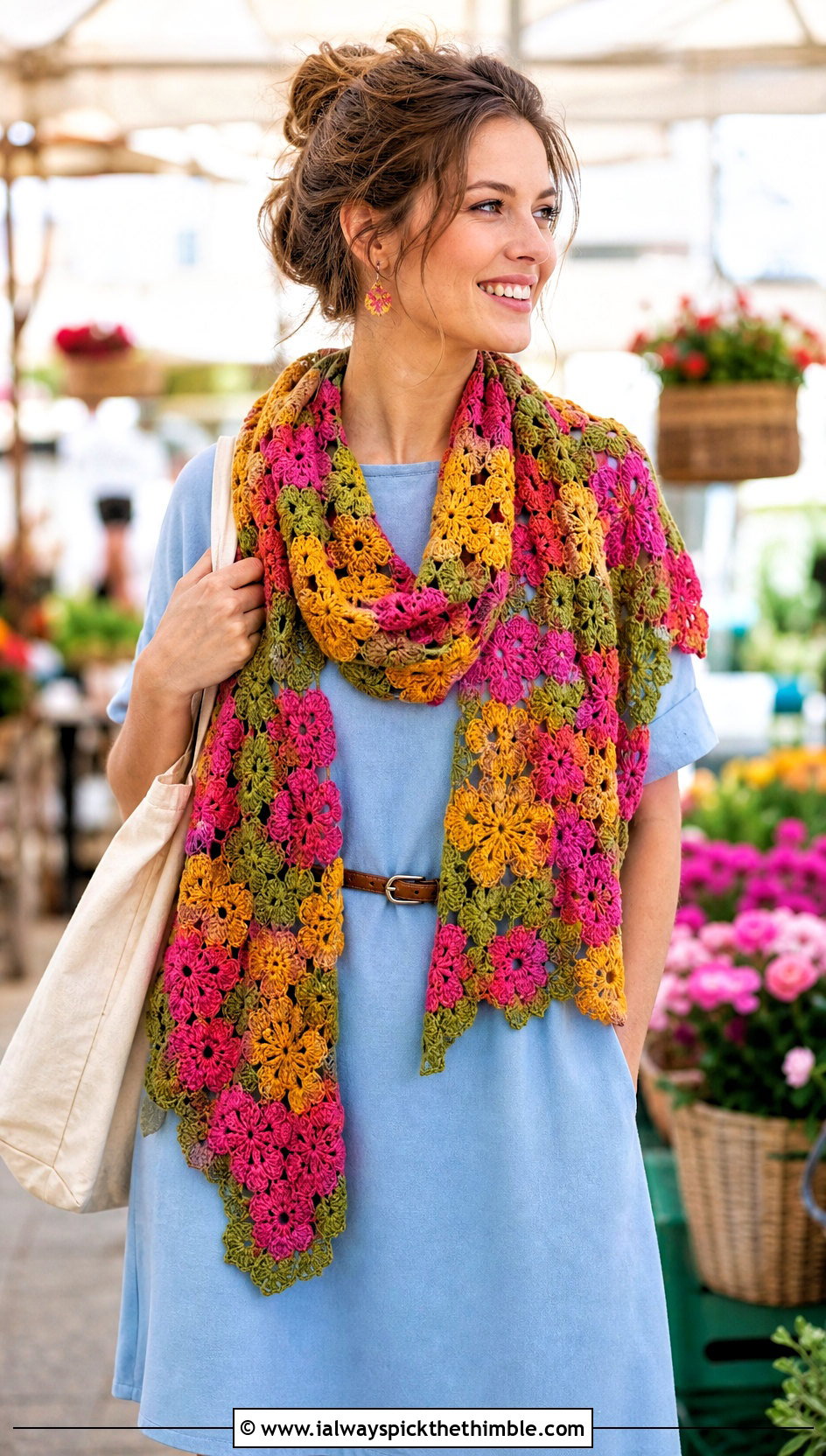Floral Motif Crochet Shawl Scarf With T Shirt Dress - 20 crochet shawl scarf outfit ideas