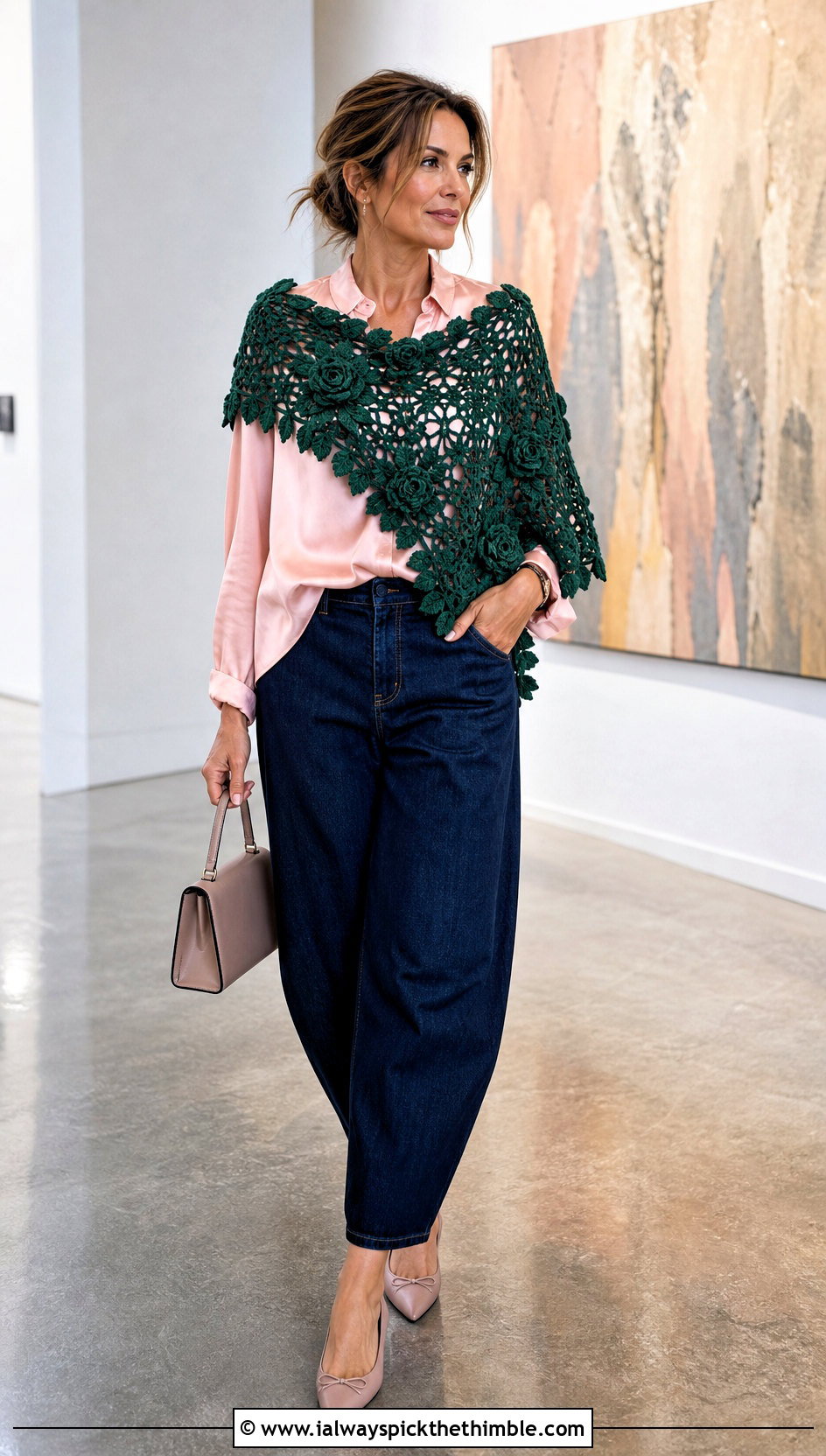 Floral Motif Crochet Shawl With Barrel Jeans - 20 Fall Crochet Shawl outfit ideas