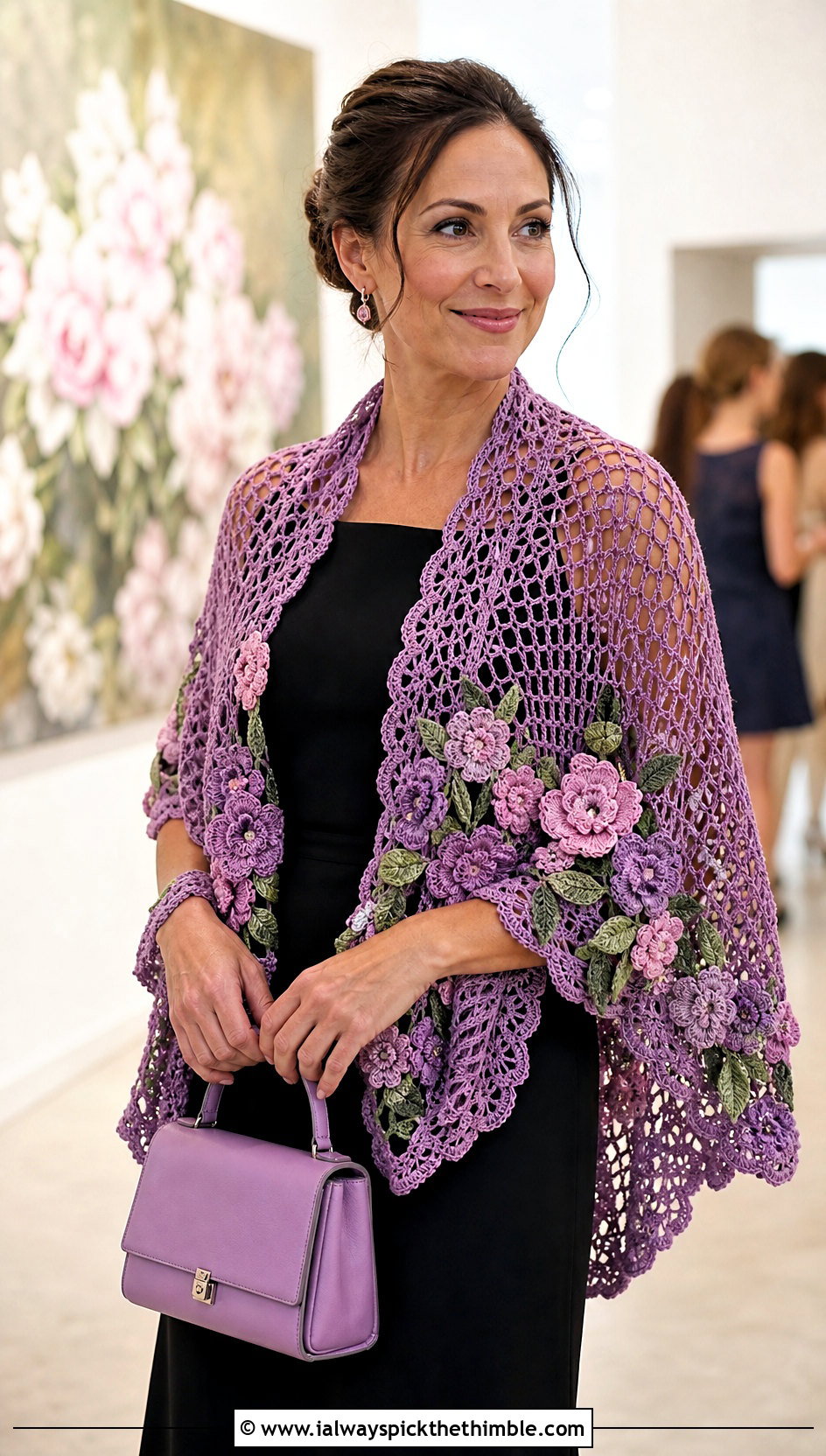 Floral Motif Crochet Shawl With Black Midi Dress - 25 crochet shawl outfit ideas