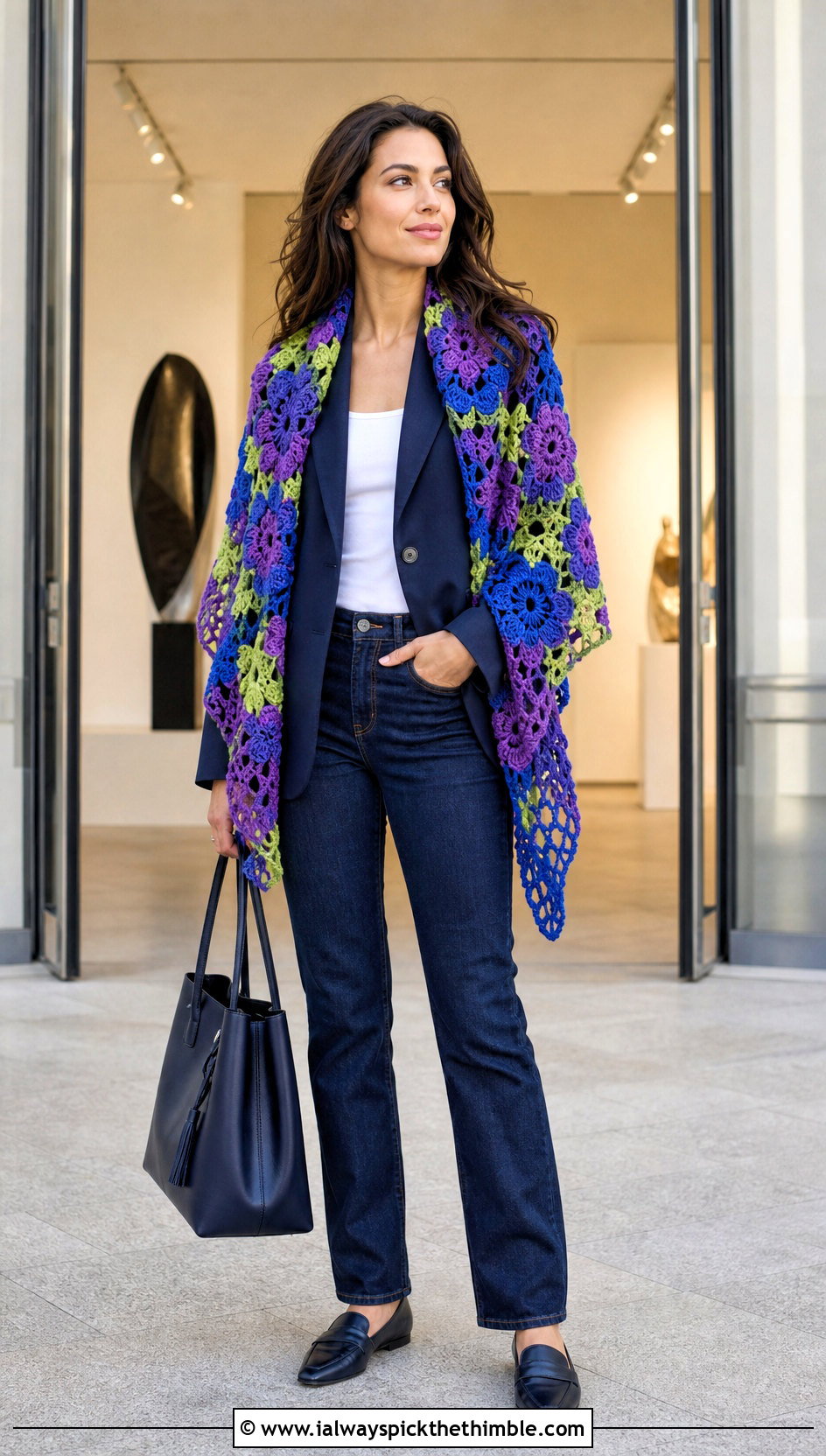Floral Motif Crochet Shawl With Blazer And Jeans - 25 crochet wrap shawl outfit ideas