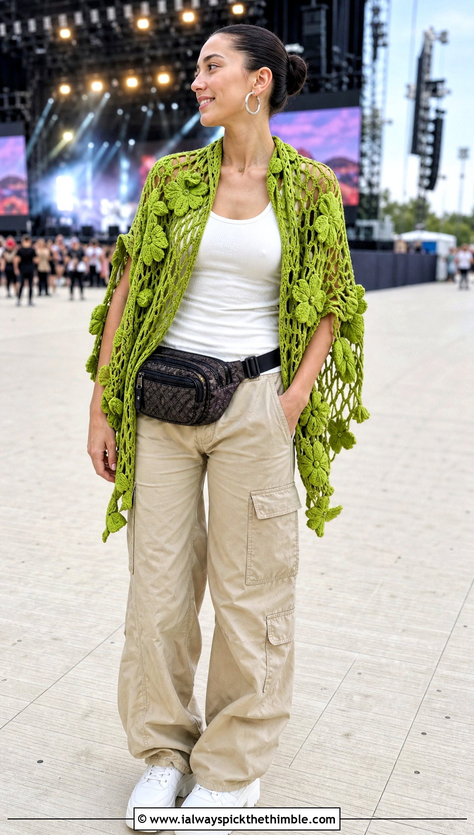 Floral Motif Crochet Shawl With Cargo Pants And Tank Top - 20 Stevie Nicks Crochet Shawl outfit ideas