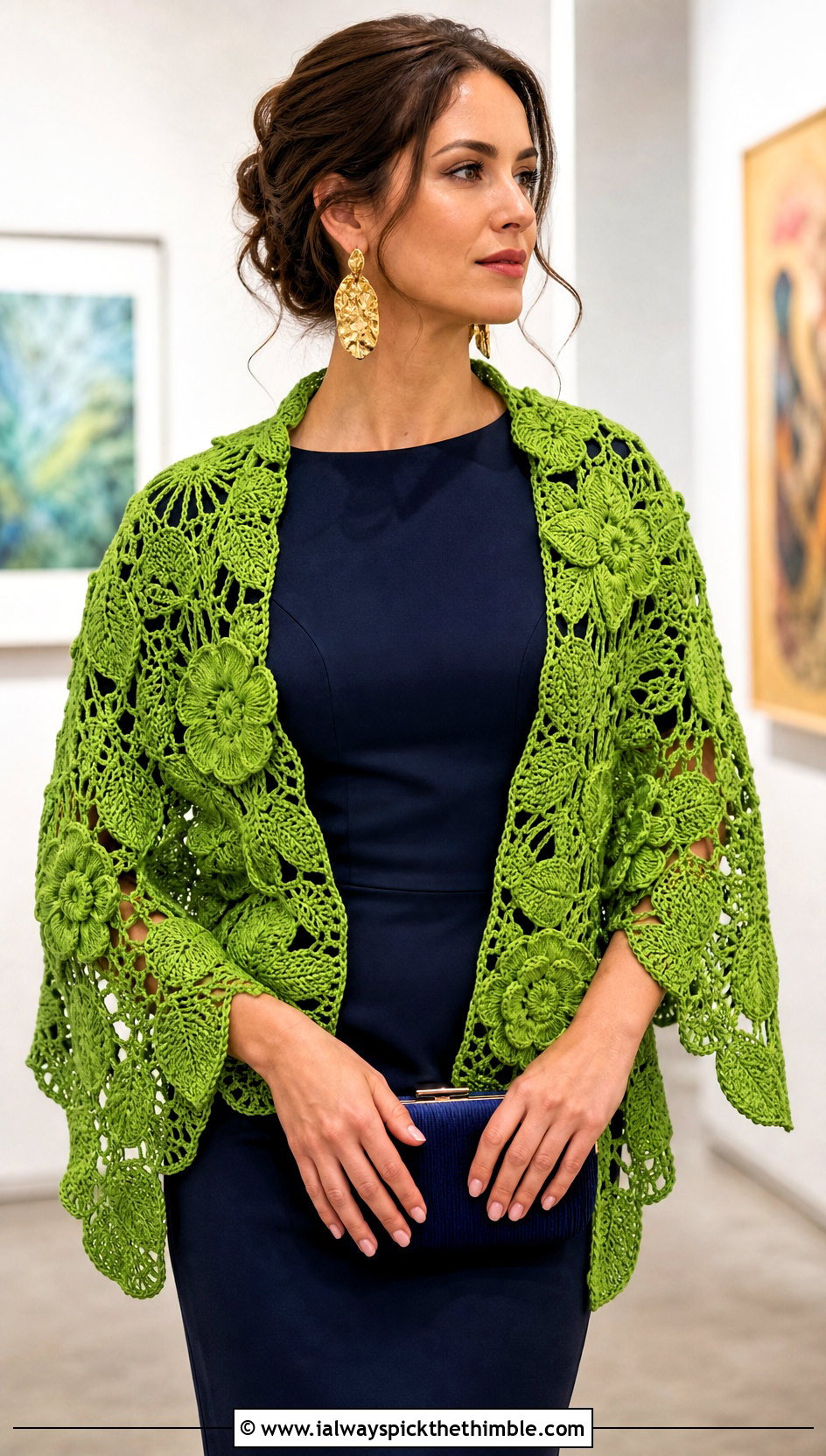 Floral Motif Crochet Shawl With Column Dress - 20 Elegant Crochet Shawl outfit ideas