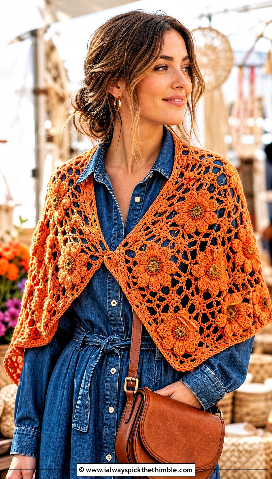 Floral Motif Crochet Shawl With Denim Dress - 20 boho crochet shawl outfit ideas