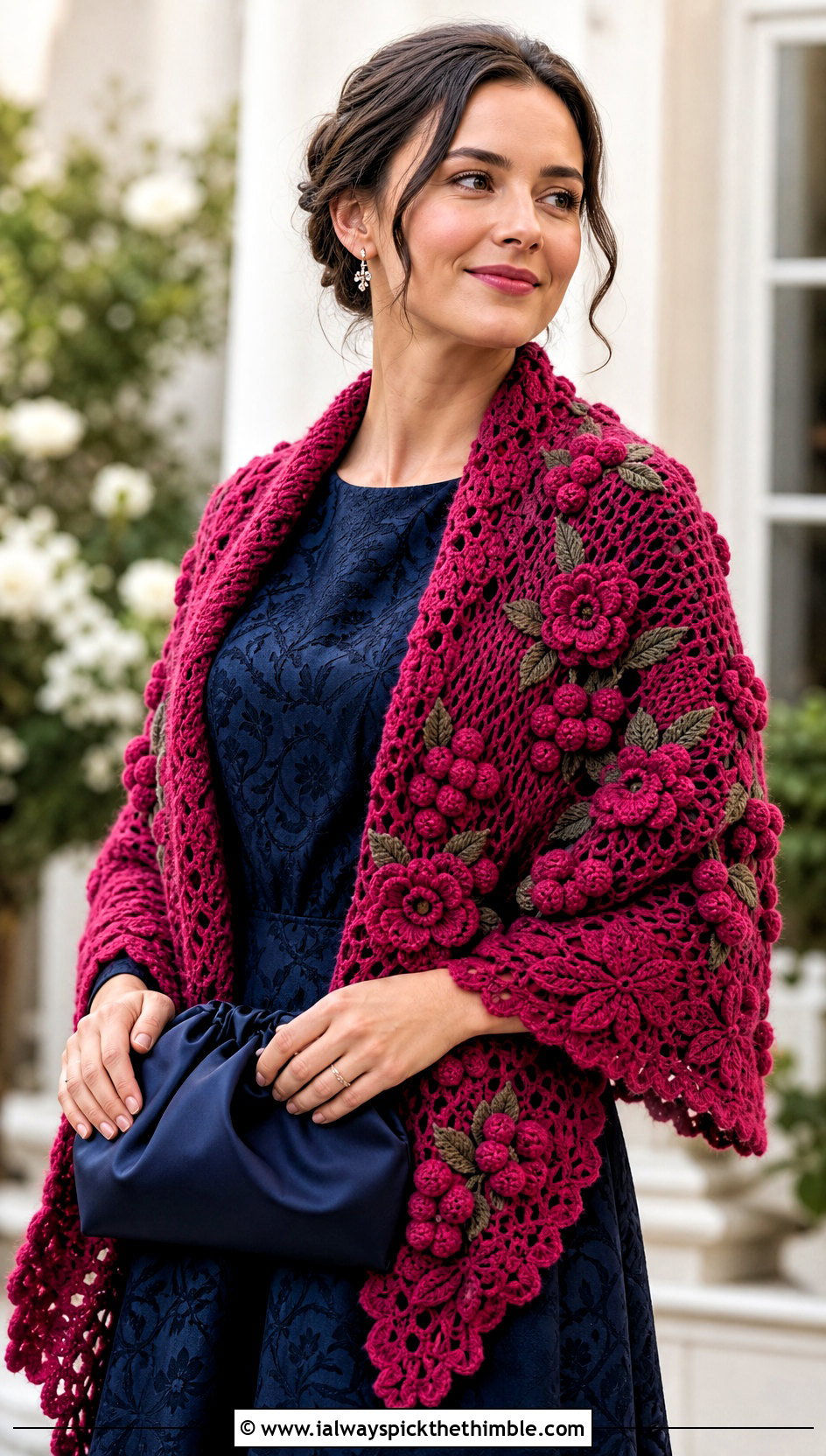 Floral Motif Crochet Shawl With Jacquard Midi Dress - 15 Winter Wedding Crochet Shawl outfit ideas