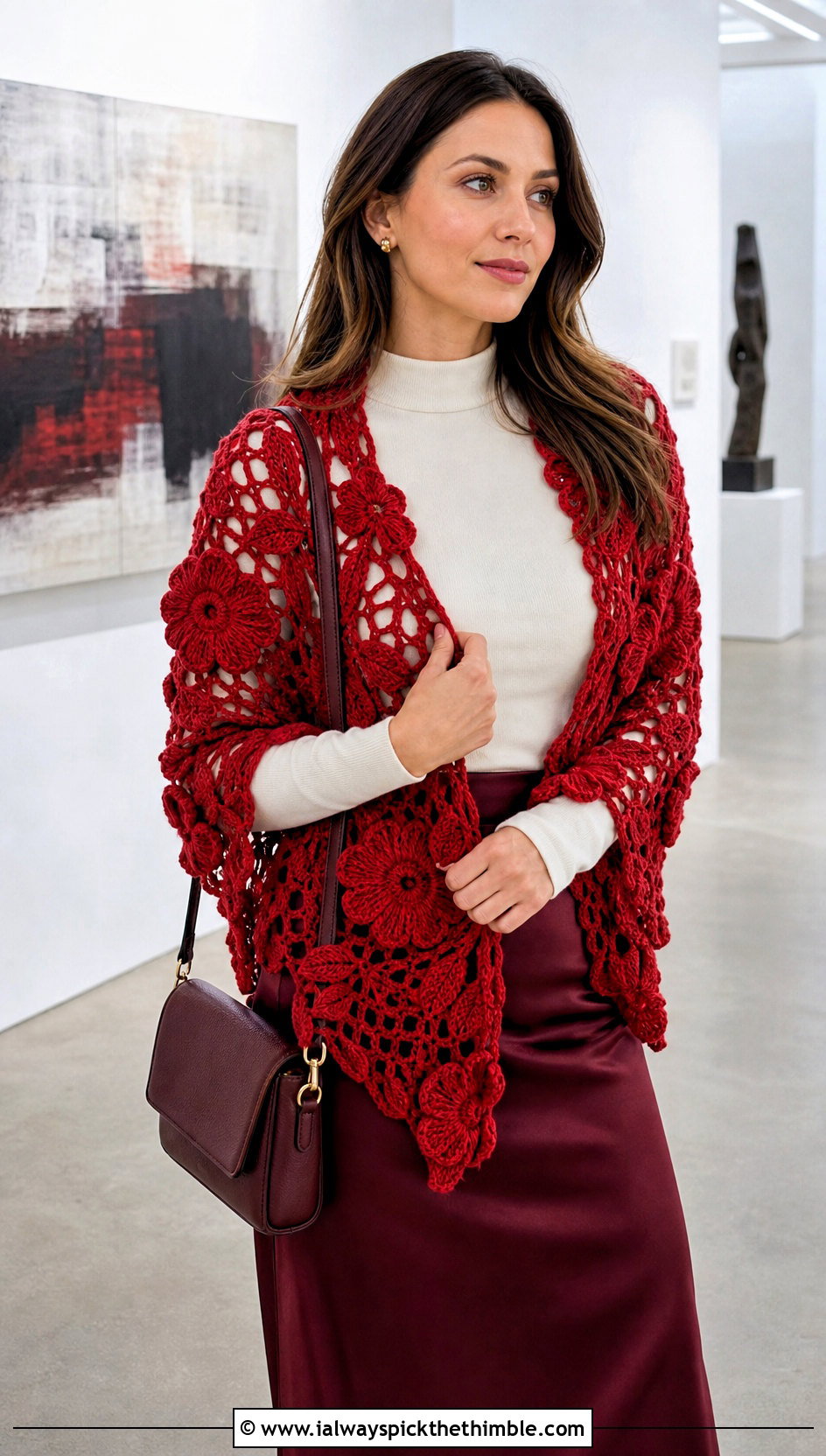 Floral Motif Crochet Shawl With Satin Skirt - 15 Easy Crochet Shawls outfit ideas