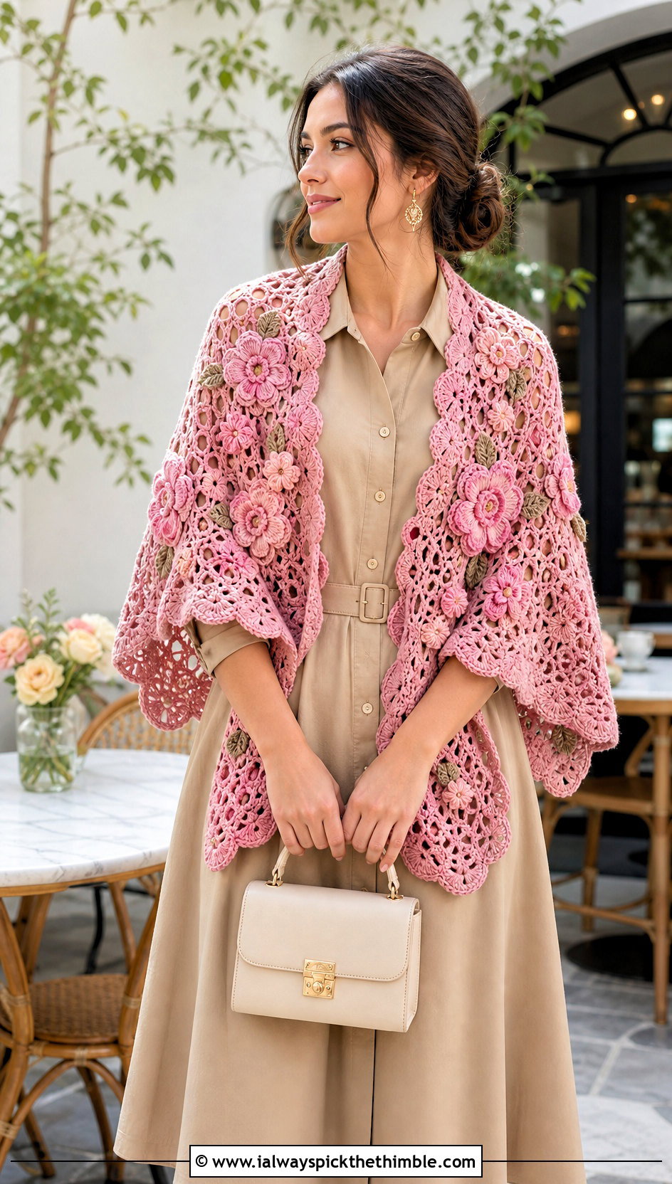 Floral Motif Crochet Shawl With Shirt Dress - 20 summer crochet shawl outfit ideas