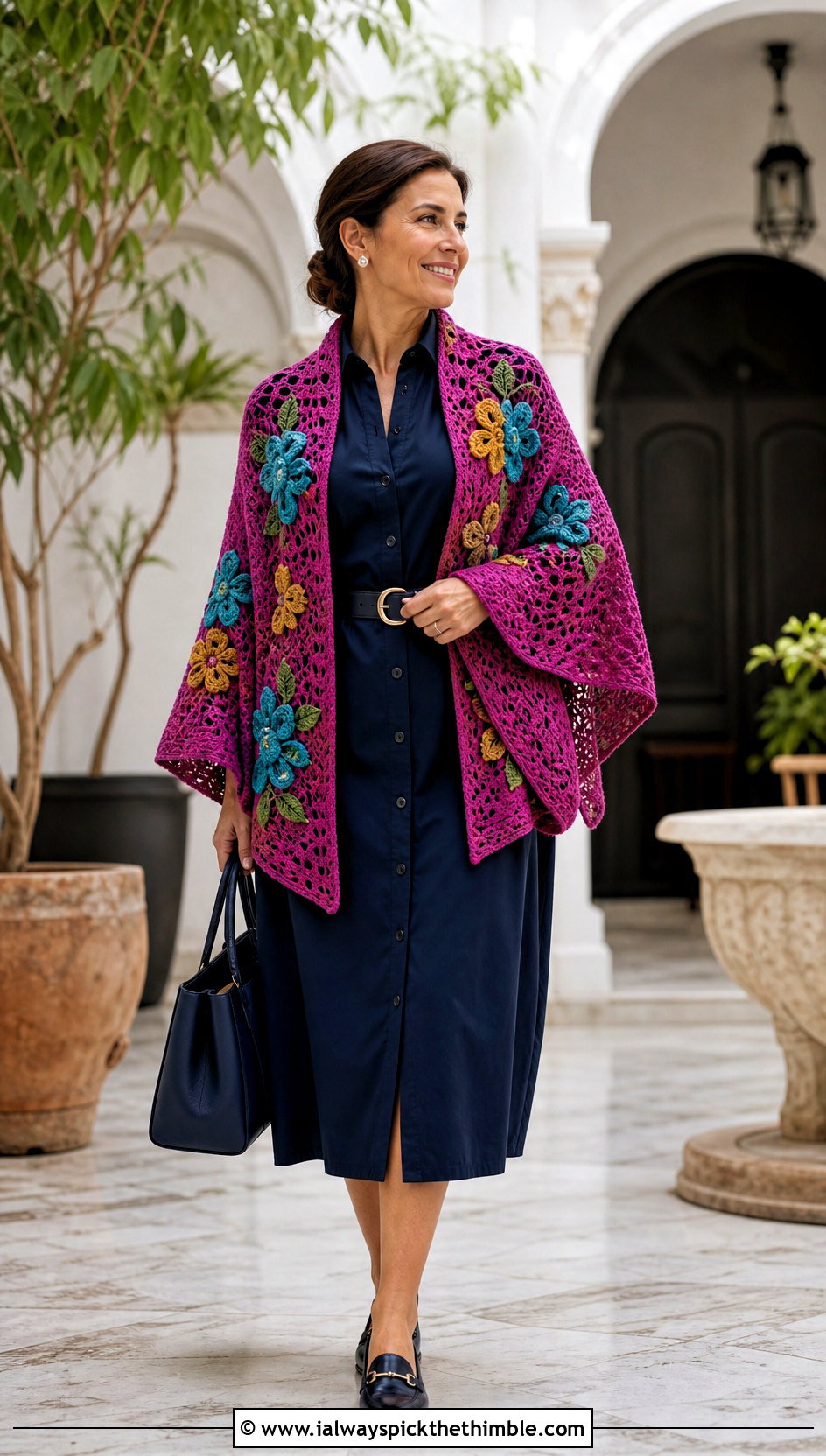 Floral Motif Crochet Shawl With Sleeves And Shirt Dress - 25 crochet shawl with sleeves outfit ideas
