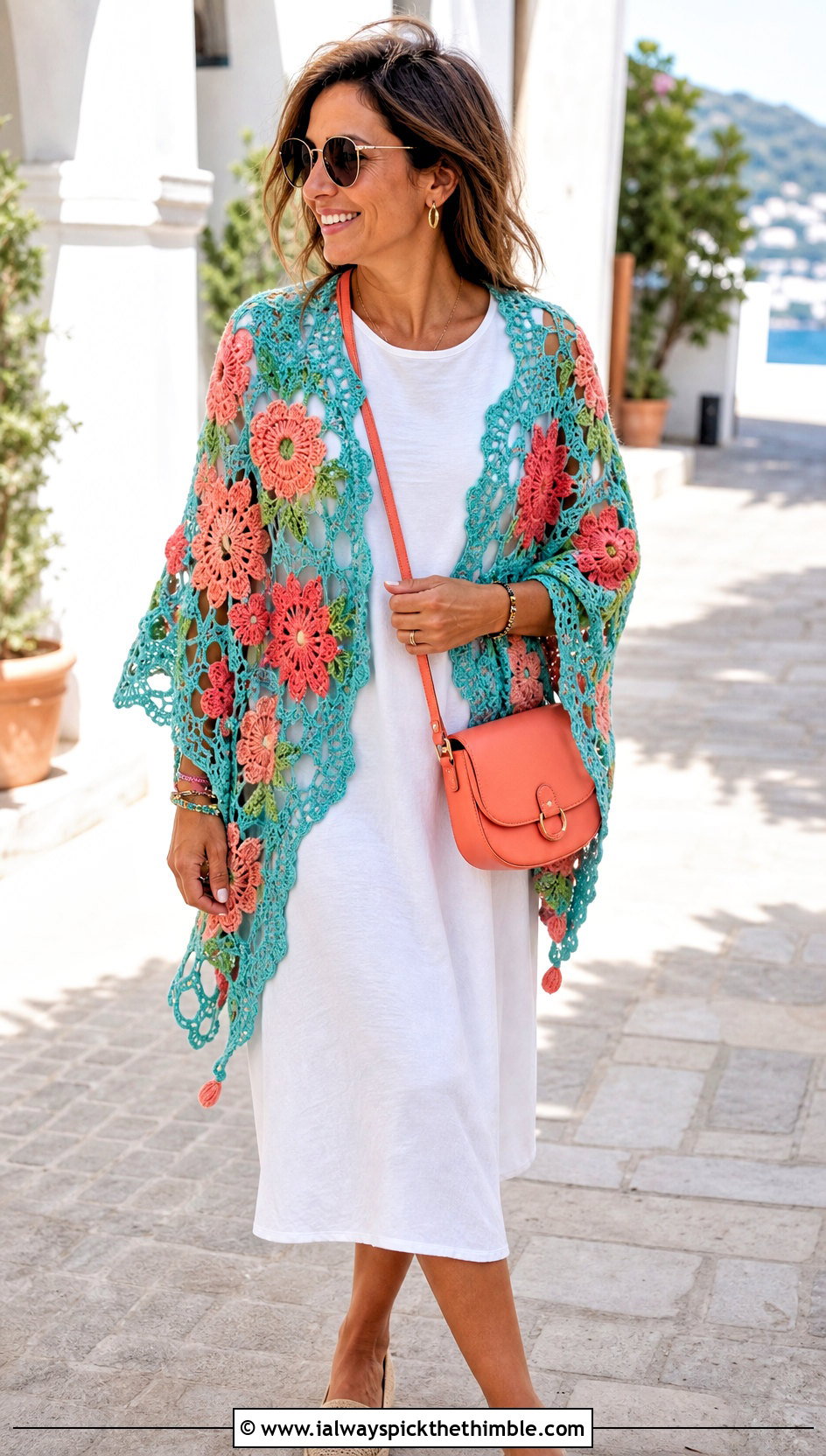 Floral Motif Crochet Shawl With T Shirt Dress - 20 crochet for shawls outfit ideas