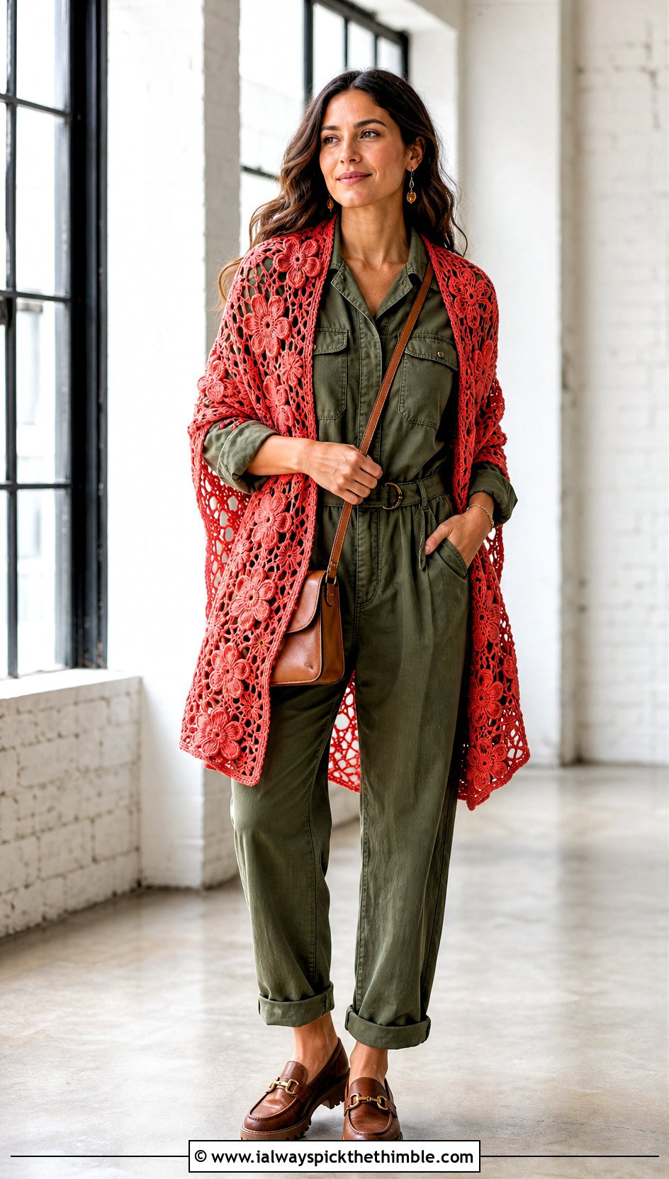 Floral Motif Crochet Shawl With Utility Jumpsuit - 20 Crochet A Shawl outfit ideas