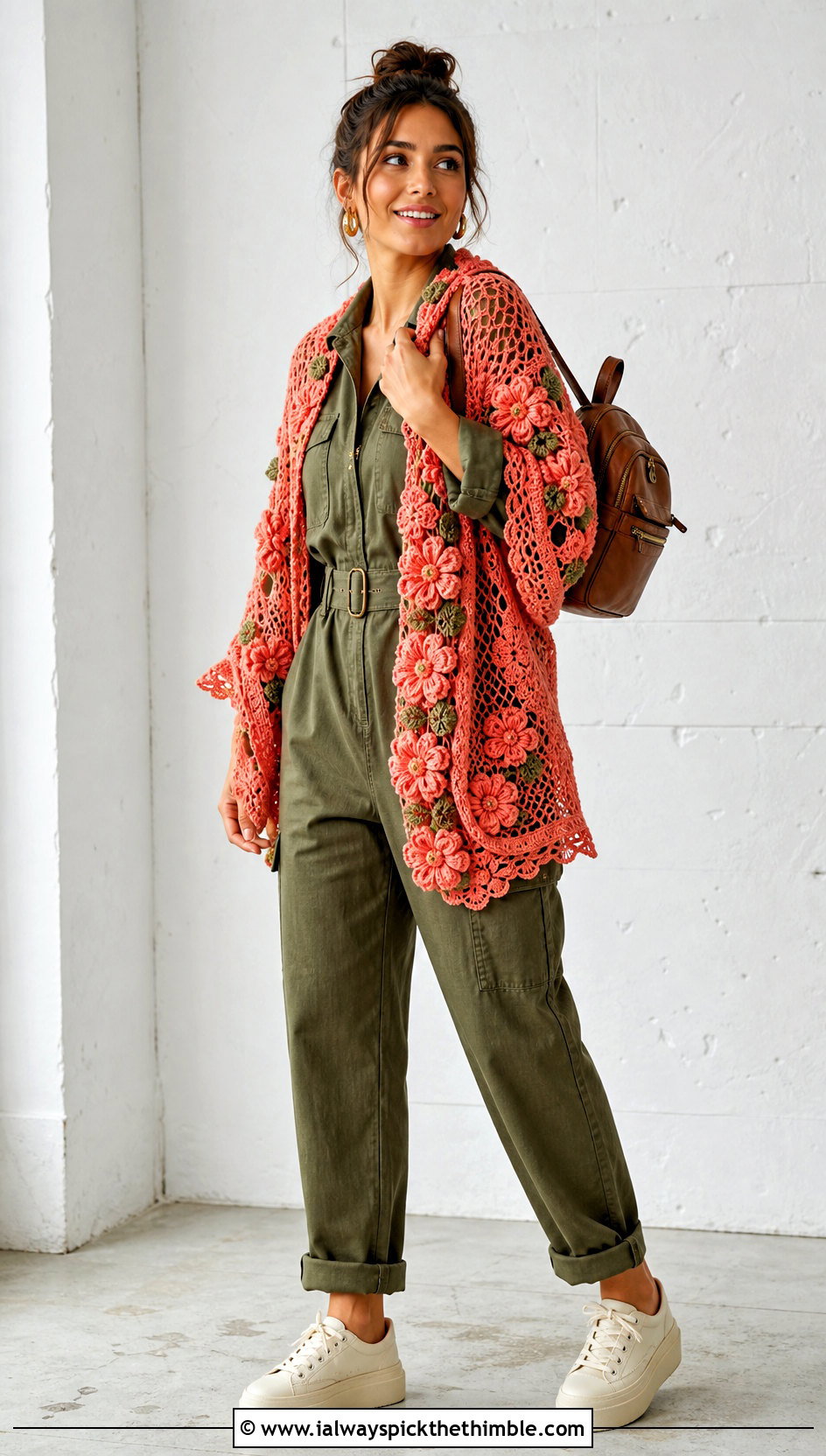 Floral Motif Crochet Shawl With Utility Jumpsuit - 15 Crochet Shawls And Ponchos outfit ideas
