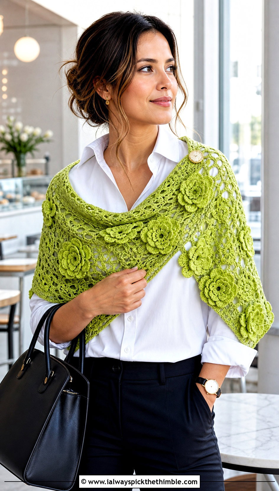 Floral Motif Crochet Shawl With White Shirt - 25 quick crochet shawl outfit ideas