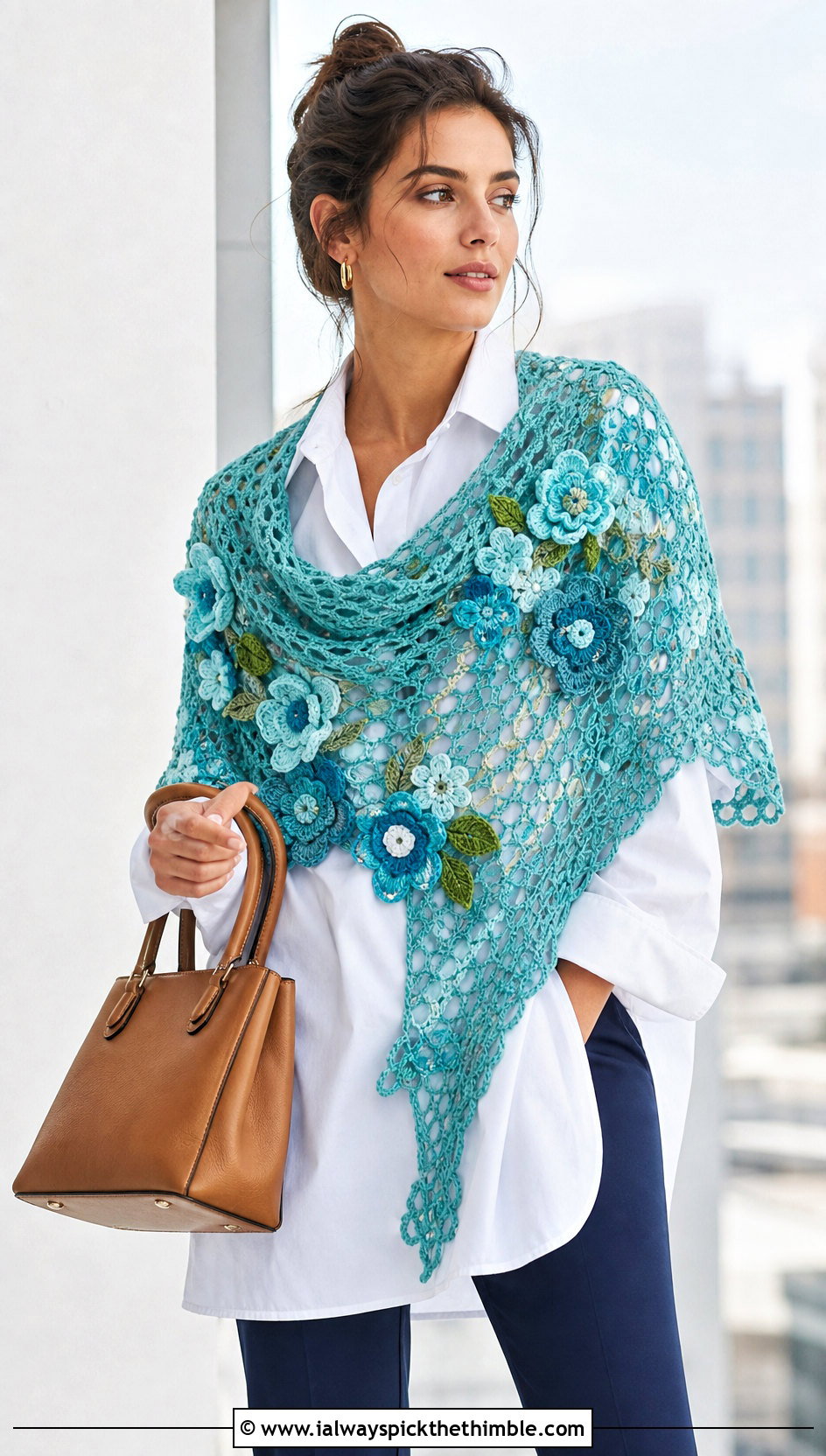 Floral Motif Crochet Shawl With White Shirt - 25 easy simple crochet shawl outfit ideas