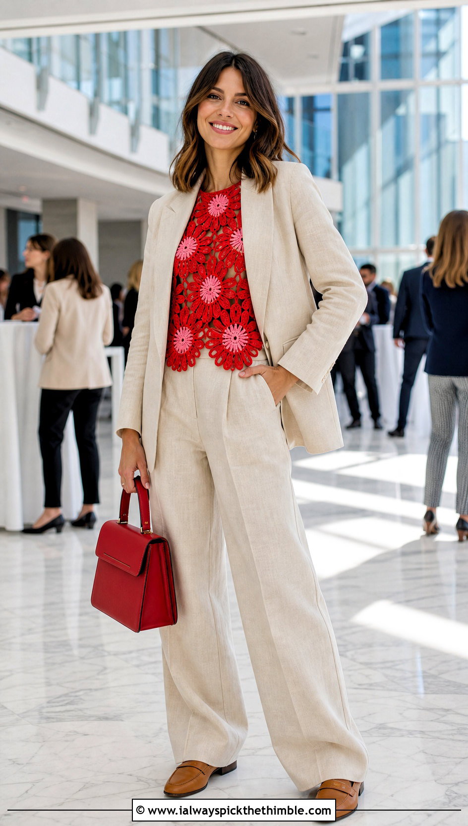 Floral Motif Crochet Shirt With Linen Suit - 25 crochet shirts outfit ideas