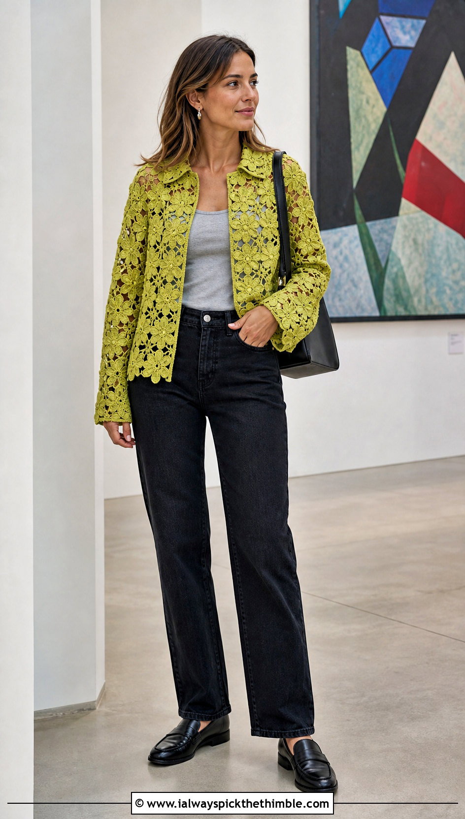 Floral Motif Crochet Shirt With Straight Leg Jeans - 20 easy crochet shirt outfit ideas
