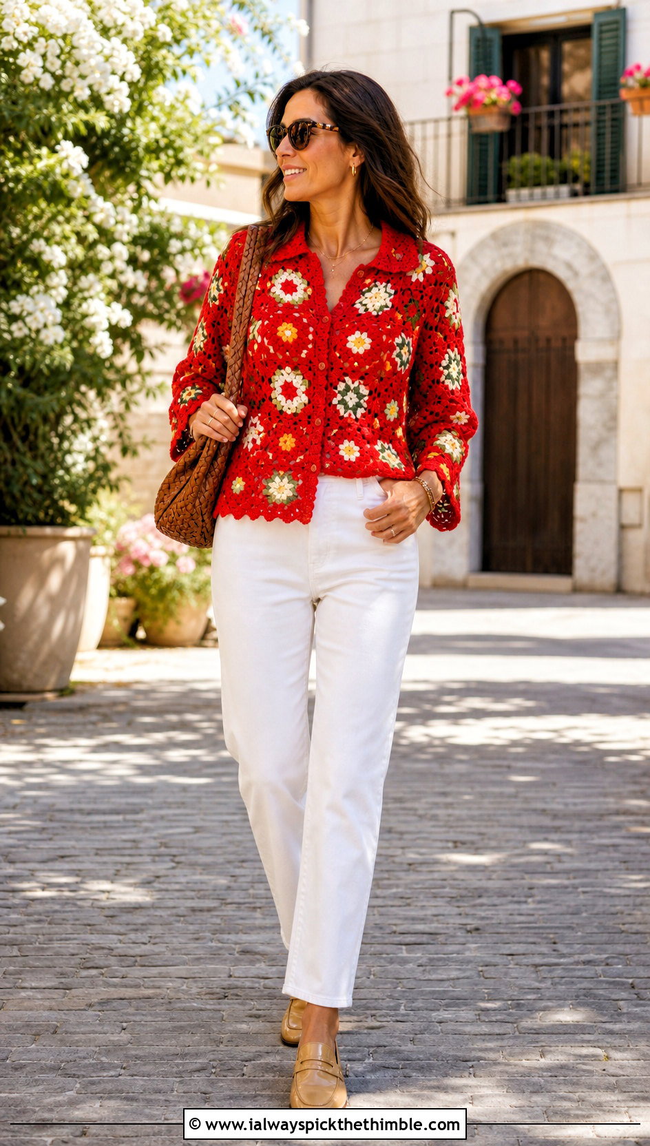 Floral Motif Crochet Shirt With White Jeans - 25 crochet shirt women outfit ideas