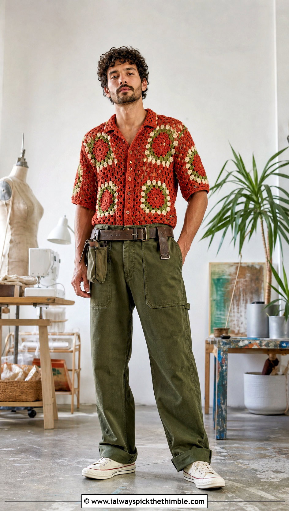 Floral Motif Crochet Shirt With Workwear Pants - 15 men's crochet top outfit ideas