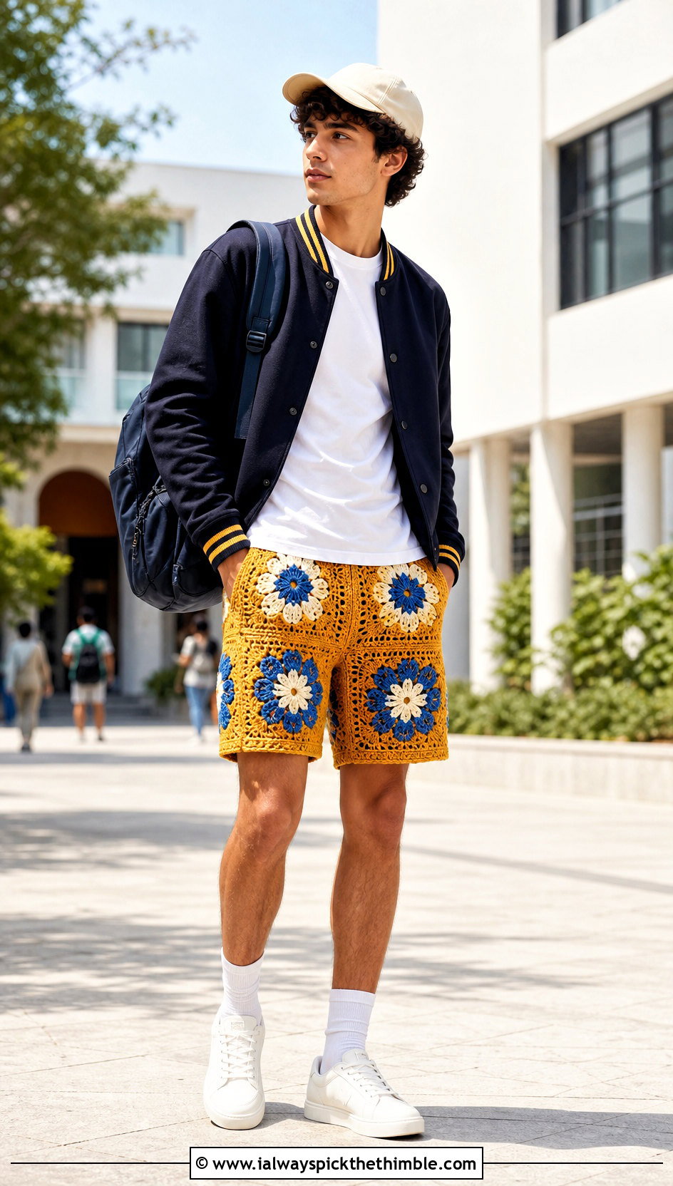 Floral Motif Crochet Shorts With Varsity Jacket - 15 mens crochet shorts outfit ideas