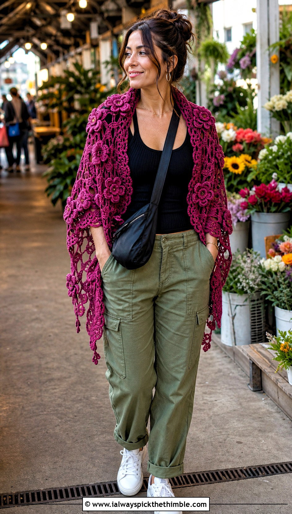 Floral Motif Crochet Shoulder Shawl With Cargo Pants - 20 Crochet Shoulder Shawl outfit ideas