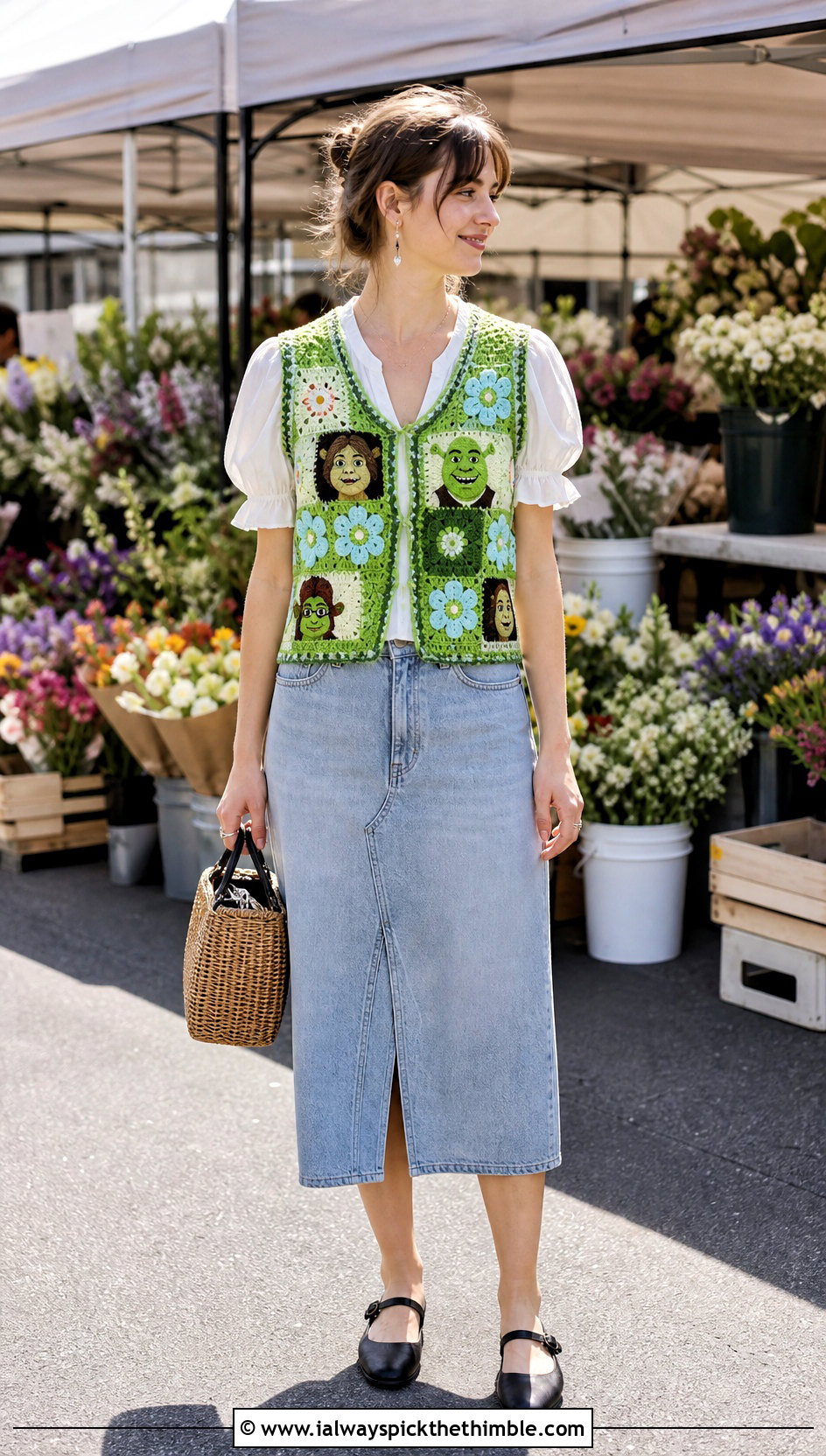 Floral Motif Crochet Shrek Vest With a Denim Midi Skirt - 15 Crochet Shrek Vest outfit ideas