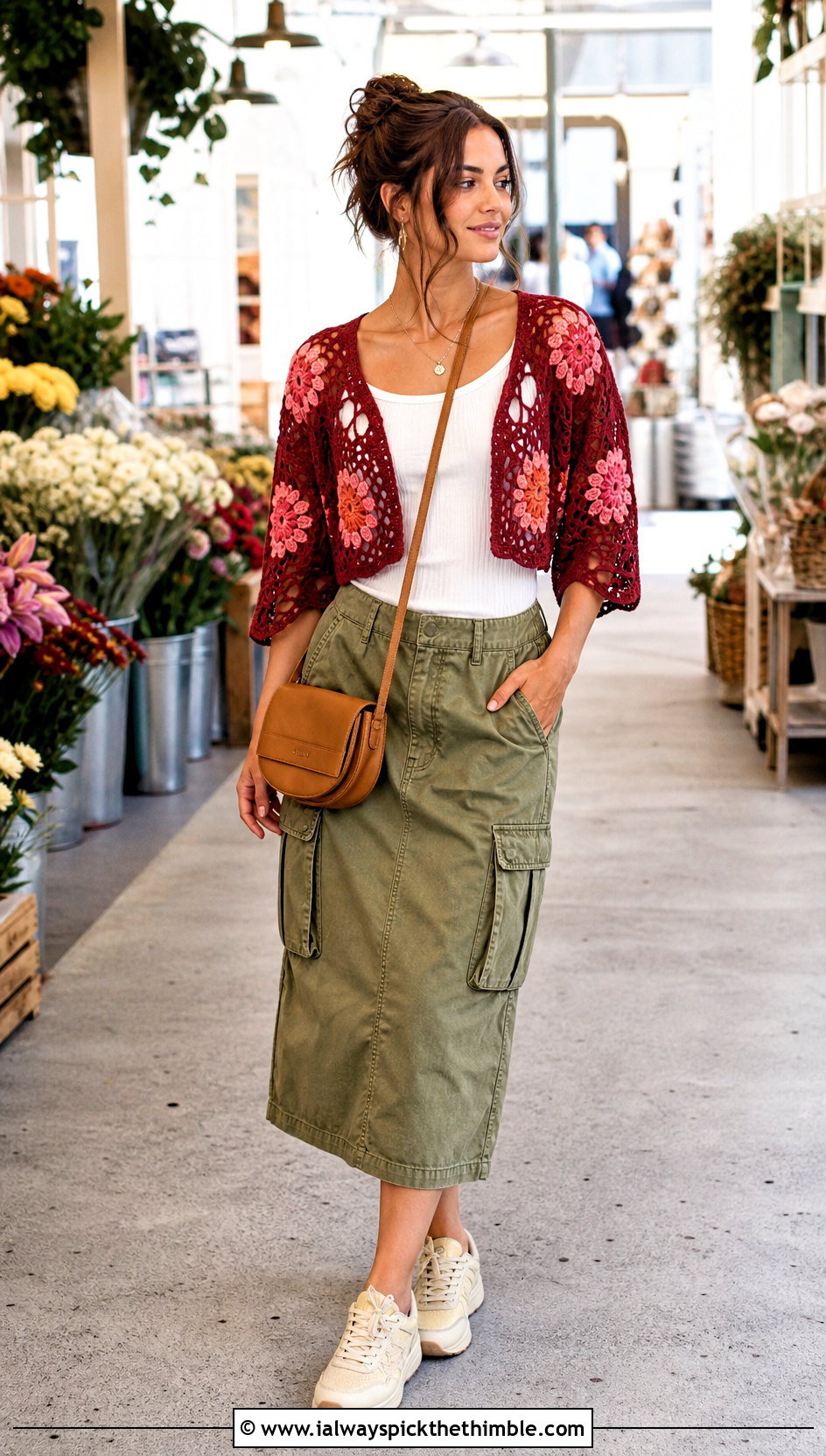 Floral Motif Crochet Shrug With Cargo Skirt - 25 easy crochet shrug outfit ideas