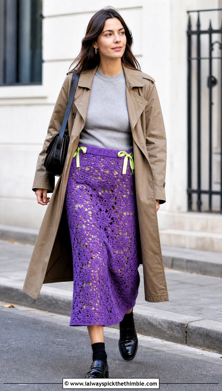 Floral Motif Crochet Skirt With Ribbon Tabs And Trench Coat - 15 Crochet Skirt With Ribbon Detail outfit ideas