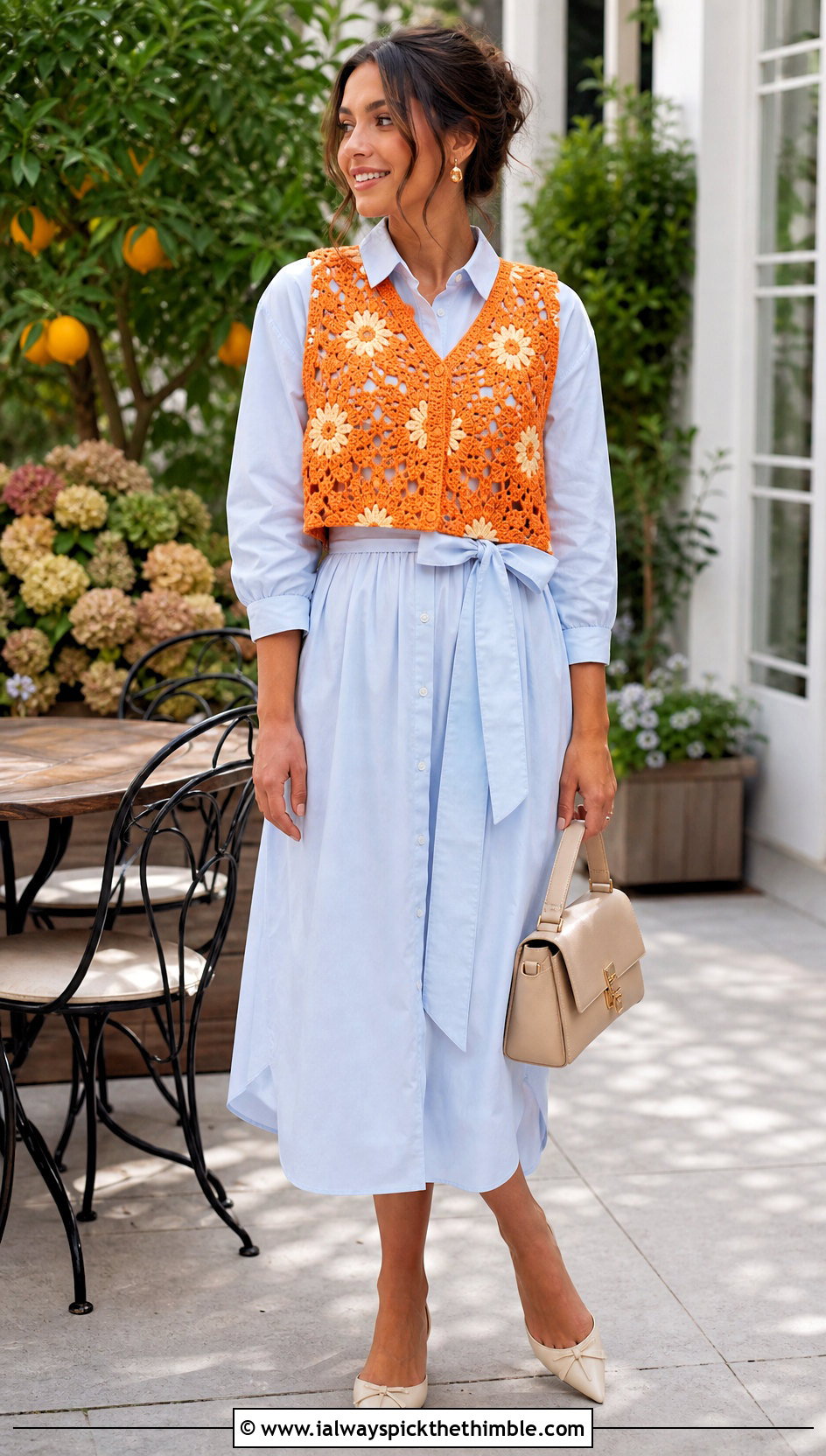 Floral Motif Crochet Slipover Vest With Shirt Dress - 15 crochet slip over vest outfit ideas