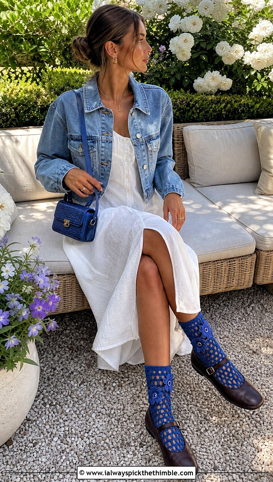 Floral Motif Crochet Socks With A Linen Midi Dress - 20 Crochet Socks For Women outfit ideas