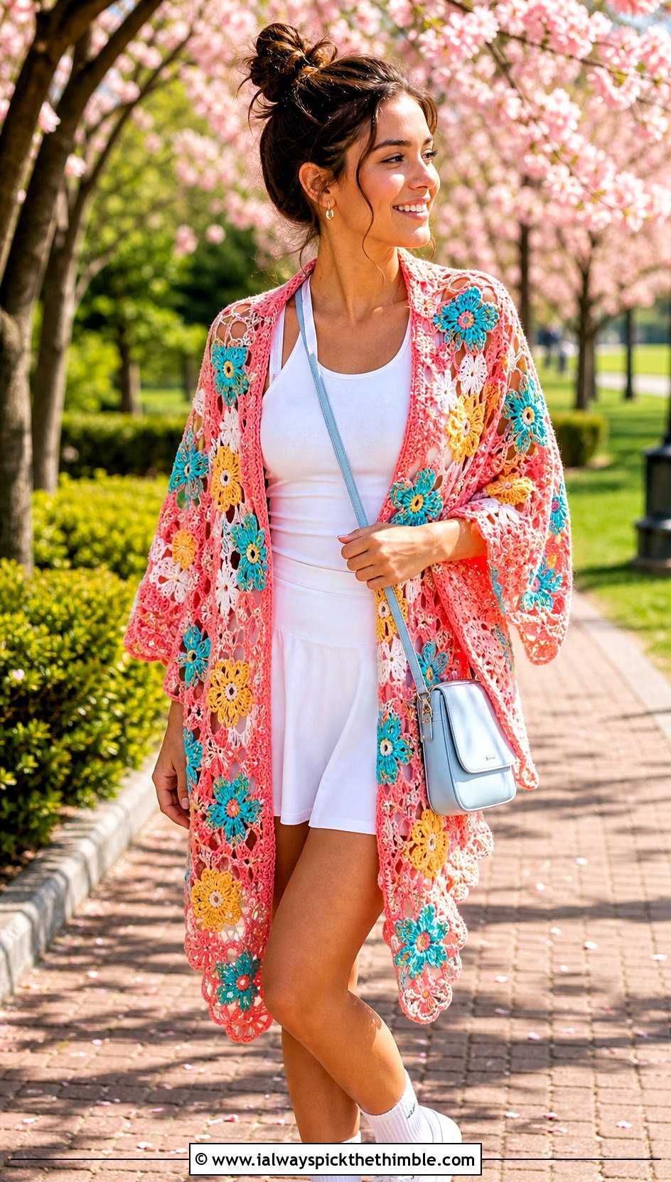 Floral Motif Crochet Spring Wrap With Tennis Dress - 15 Crochet Spring Wrap outfit ideas