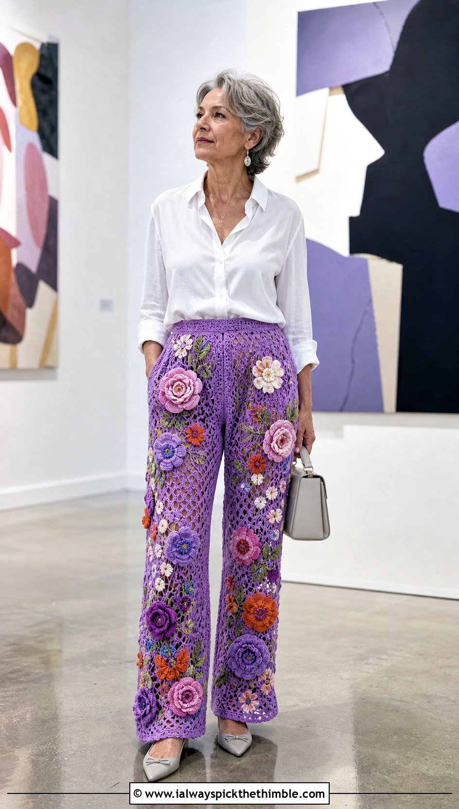 Floral Motif Crochet Stacked Pants With Crisp White Shirt - 20 Crochet Stacked Pants outfit ideas