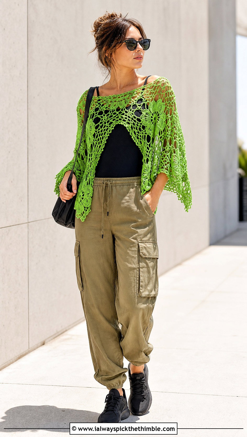 Floral Motif Crochet Summer Poncho With Cargo Pants - 25 crochet summer poncho outfit ideas